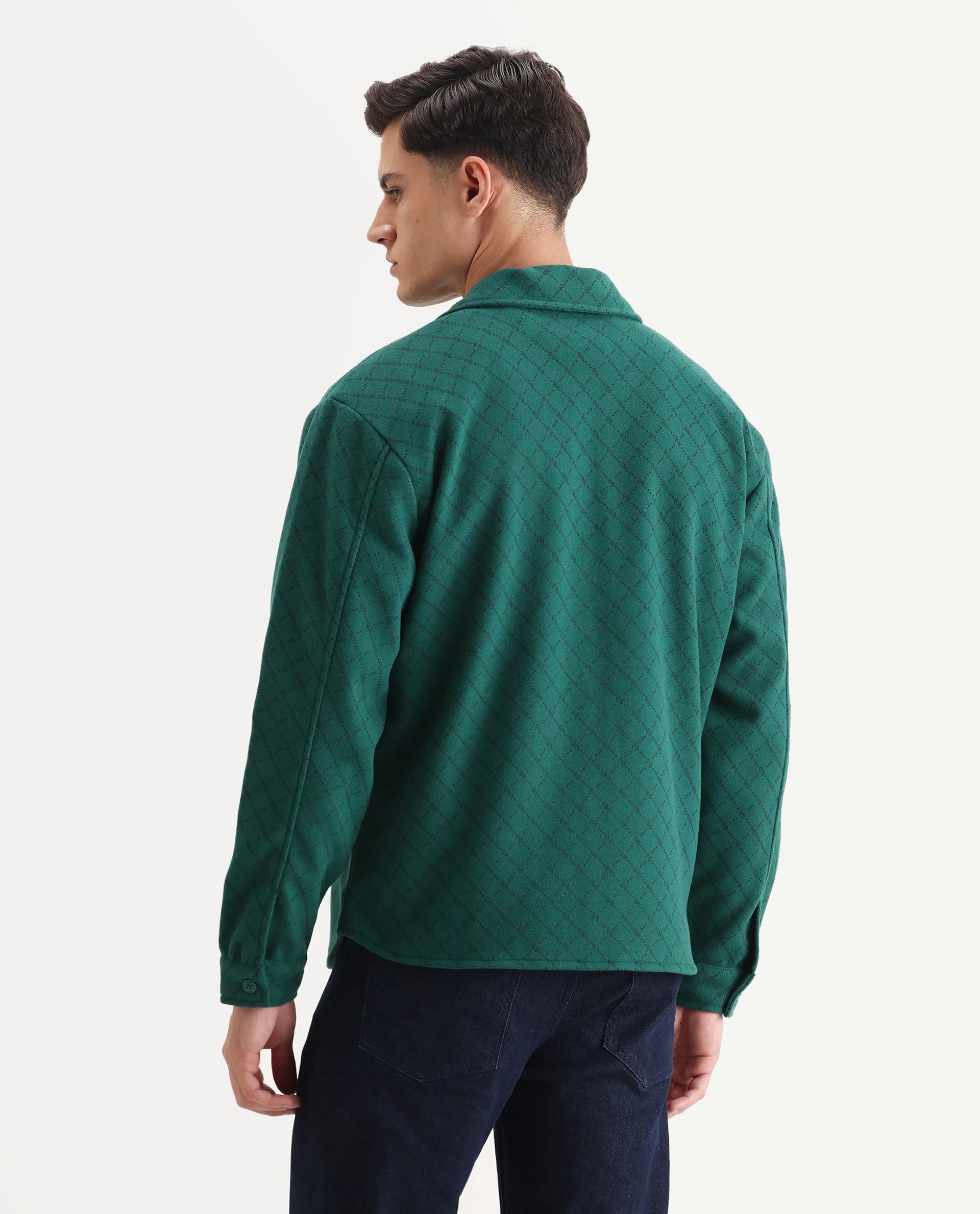 Rare Rabbit Men's Lybro Green Polyester Monogram Print Regular Fit Full Sleeve Spread Collar Jacket