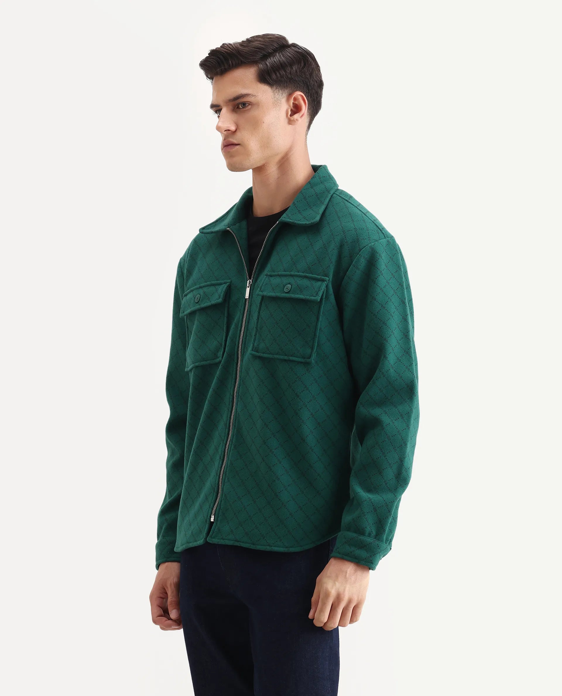 Rare Rabbit Men's Lybro Green Polyester Monogram Print Regular Fit Full Sleeve Spread Collar Jacket