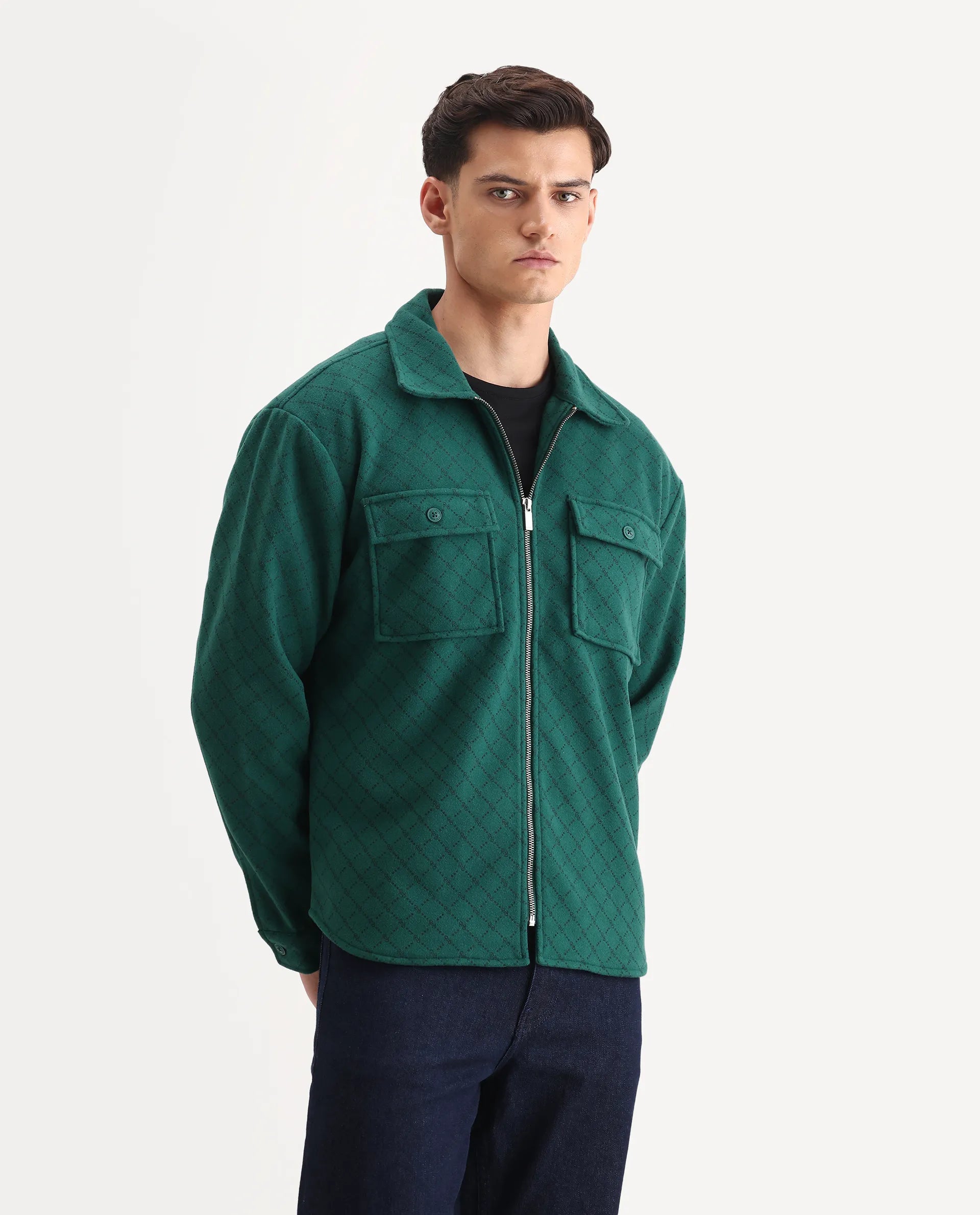 Rare Rabbit Men's Lybro Green Polyester Monogram Print Regular Fit Full Sleeve Spread Collar Jacket