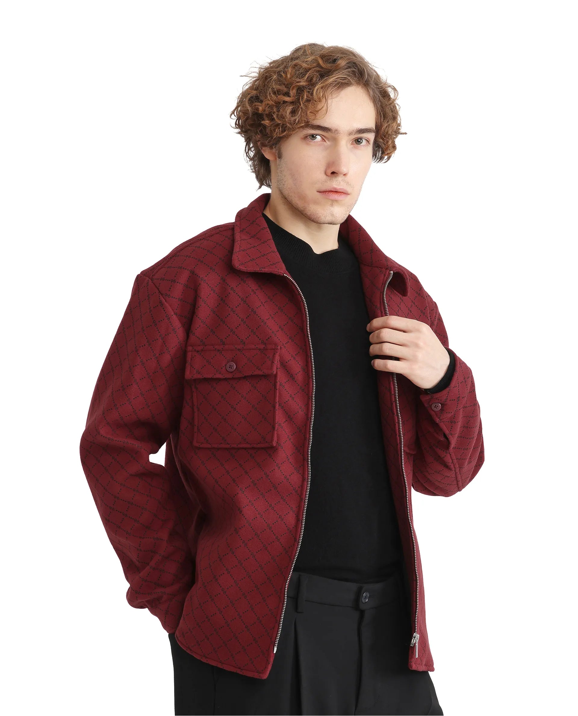Rare Rabbit Men Lybro Red Polyester Fabric Full Sleeve Two Front Flap Pocket Broad Collared Printed Jacket