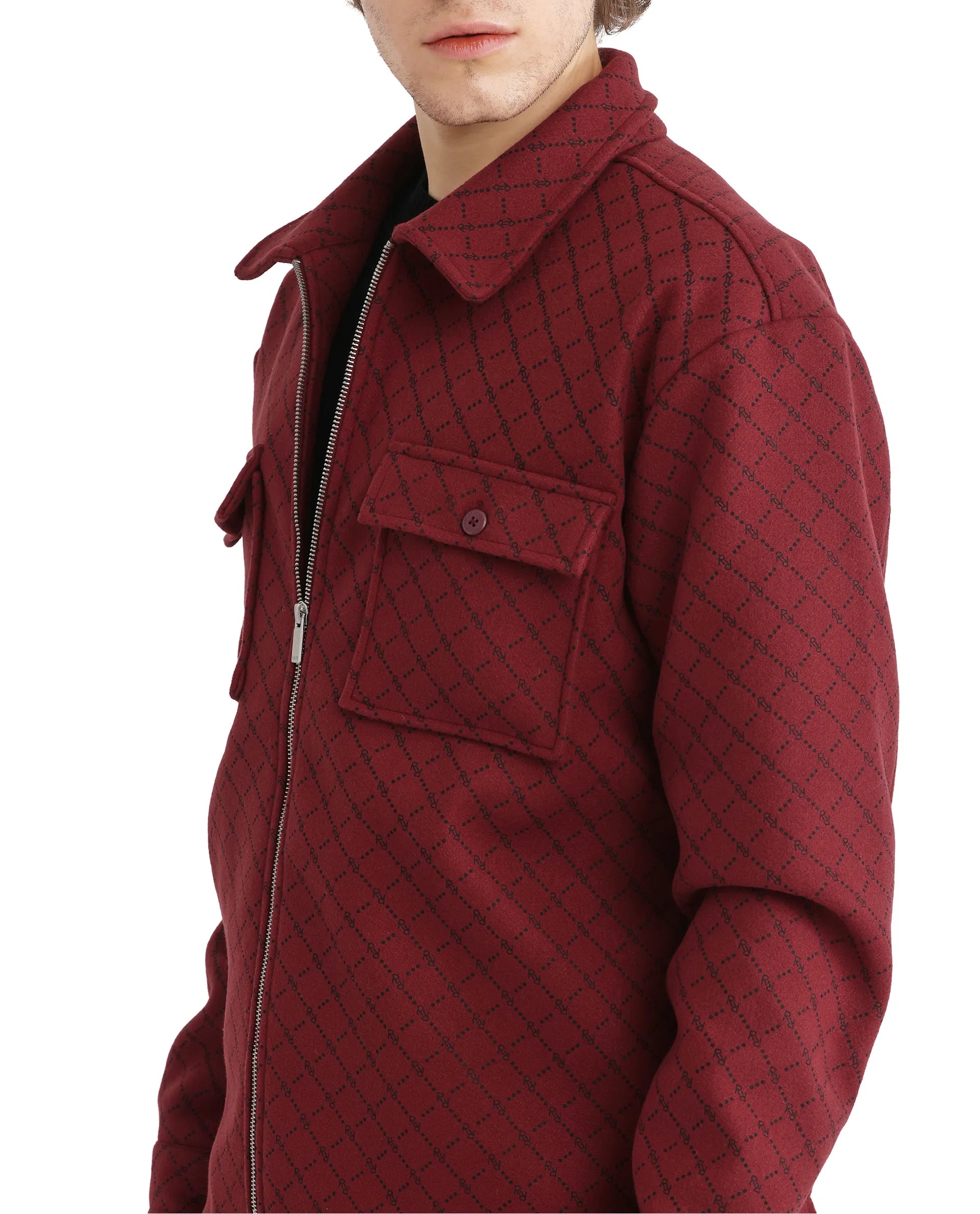 Rare Rabbit Men Lybro Red Polyester Fabric Full Sleeve Two Front Flap Pocket Broad Collared Printed Jacket