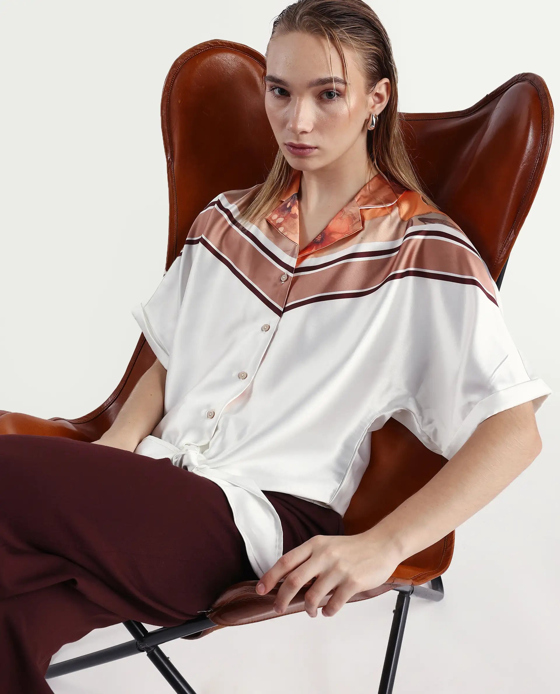 Rareism Women's Lyney Multi Polyester Lapel Neck Abstract Print Extended Sleeves Boxy Fit Top