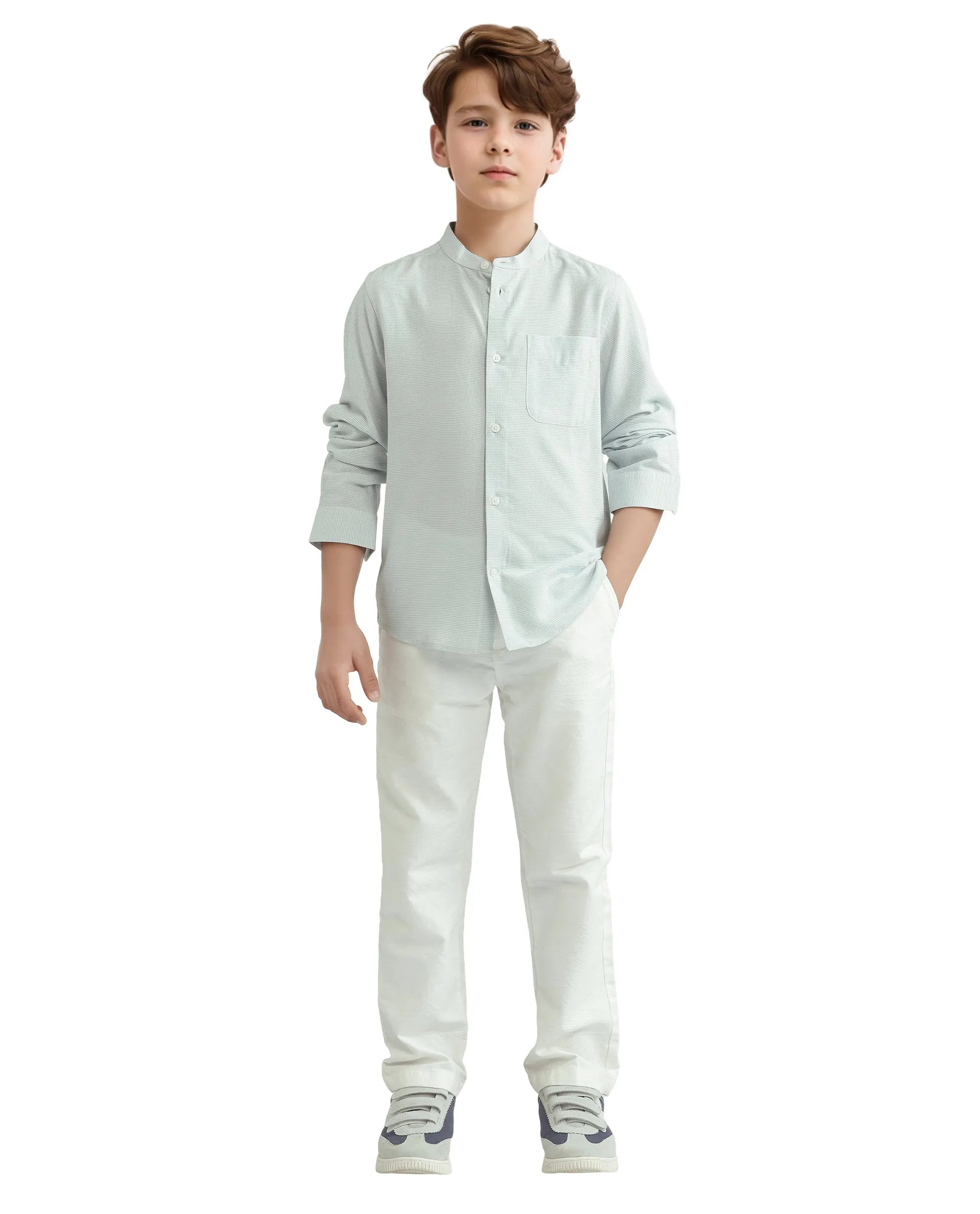 Rare Ones Kids Lynx Light Blue Cotton Blend Long Sleeve Mandarin Collar Striped Shirt