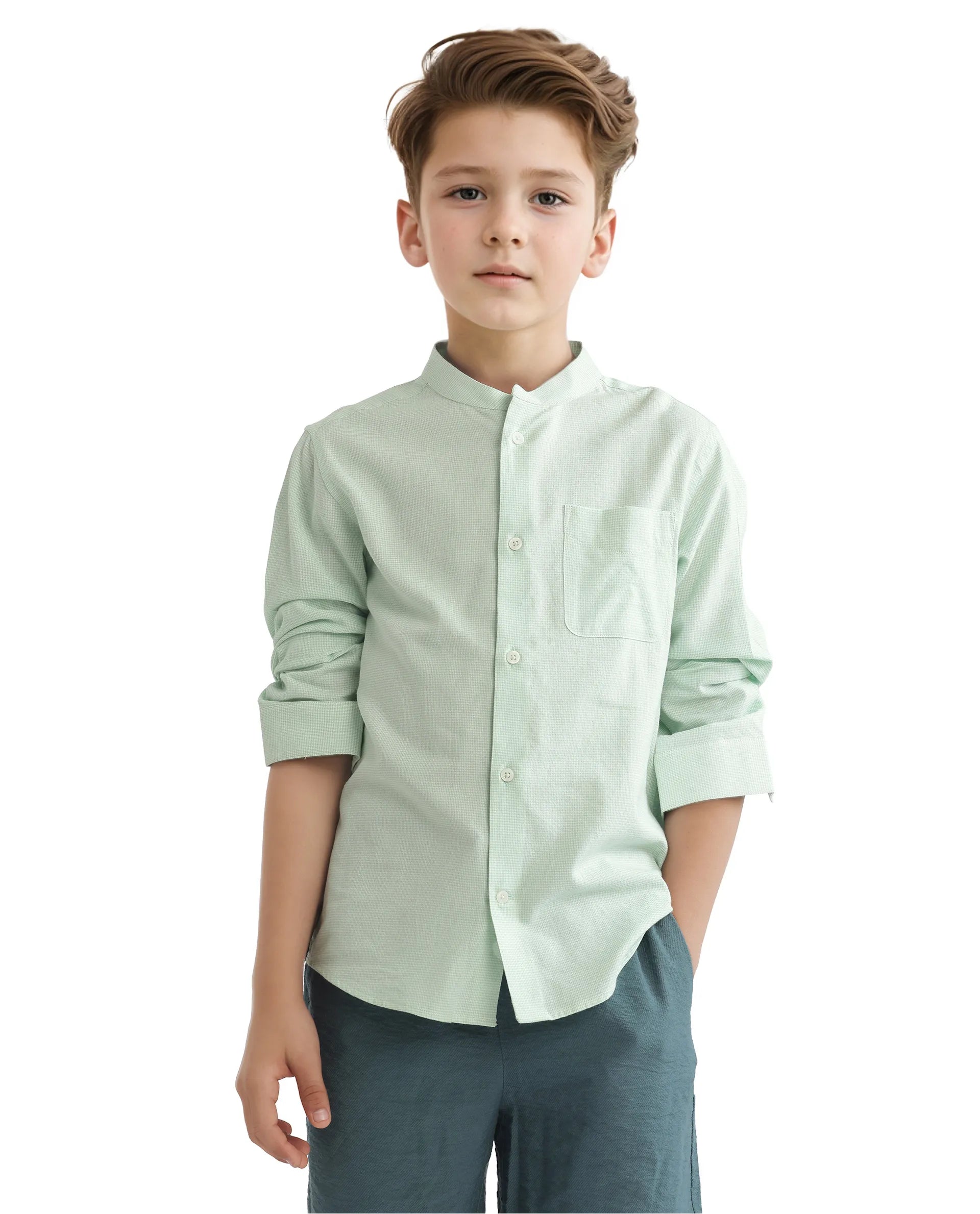 Rare Ones Kids Lynx Light Green Cotton Blend Full Sleeve Mandarin Collar Self Striped Embroidered Signature Shirt