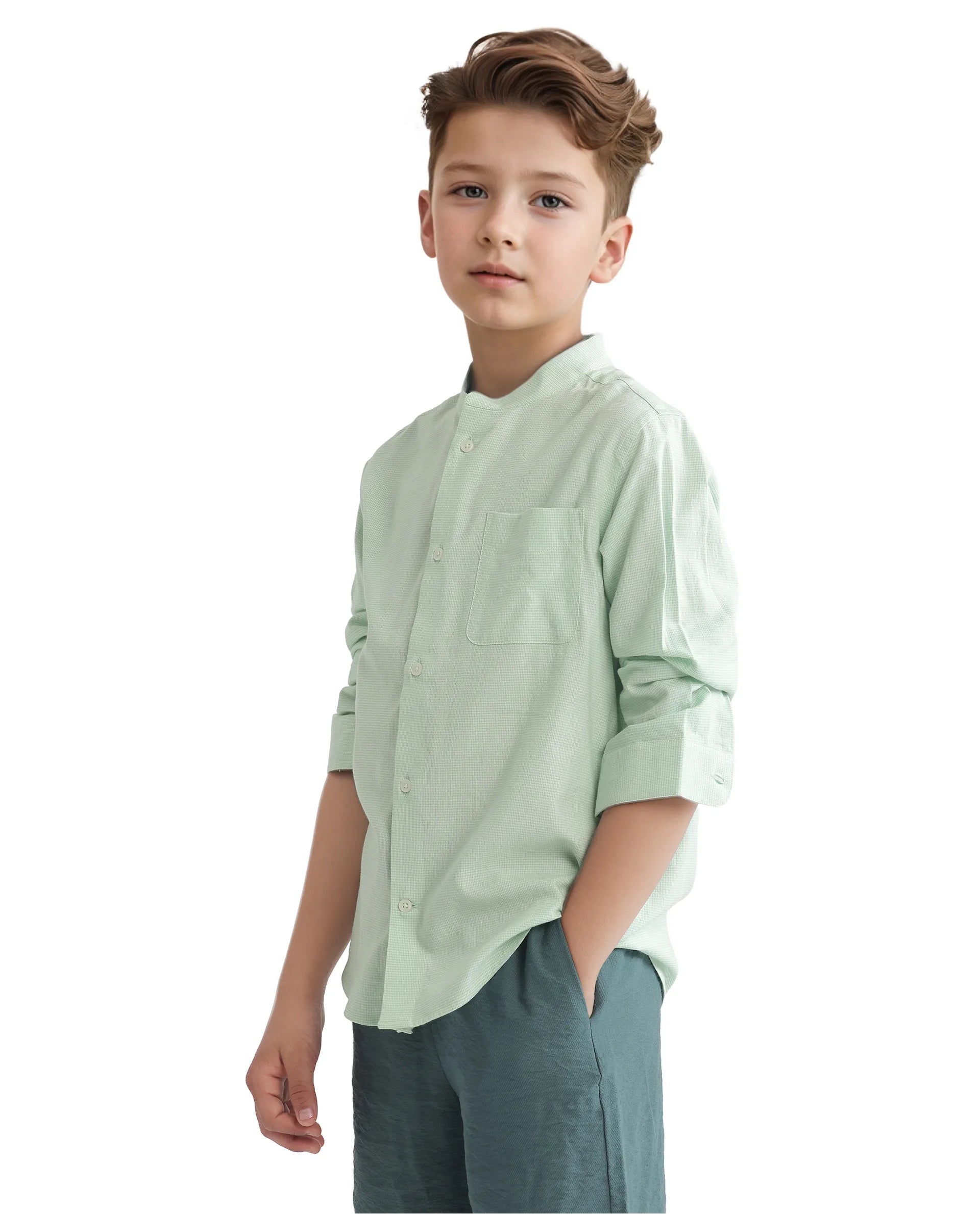 Rare Ones Kids Lynx Light Green Cotton Blend Full Sleeve Mandarin Collar Self Striped Embroidered Signature Shirt