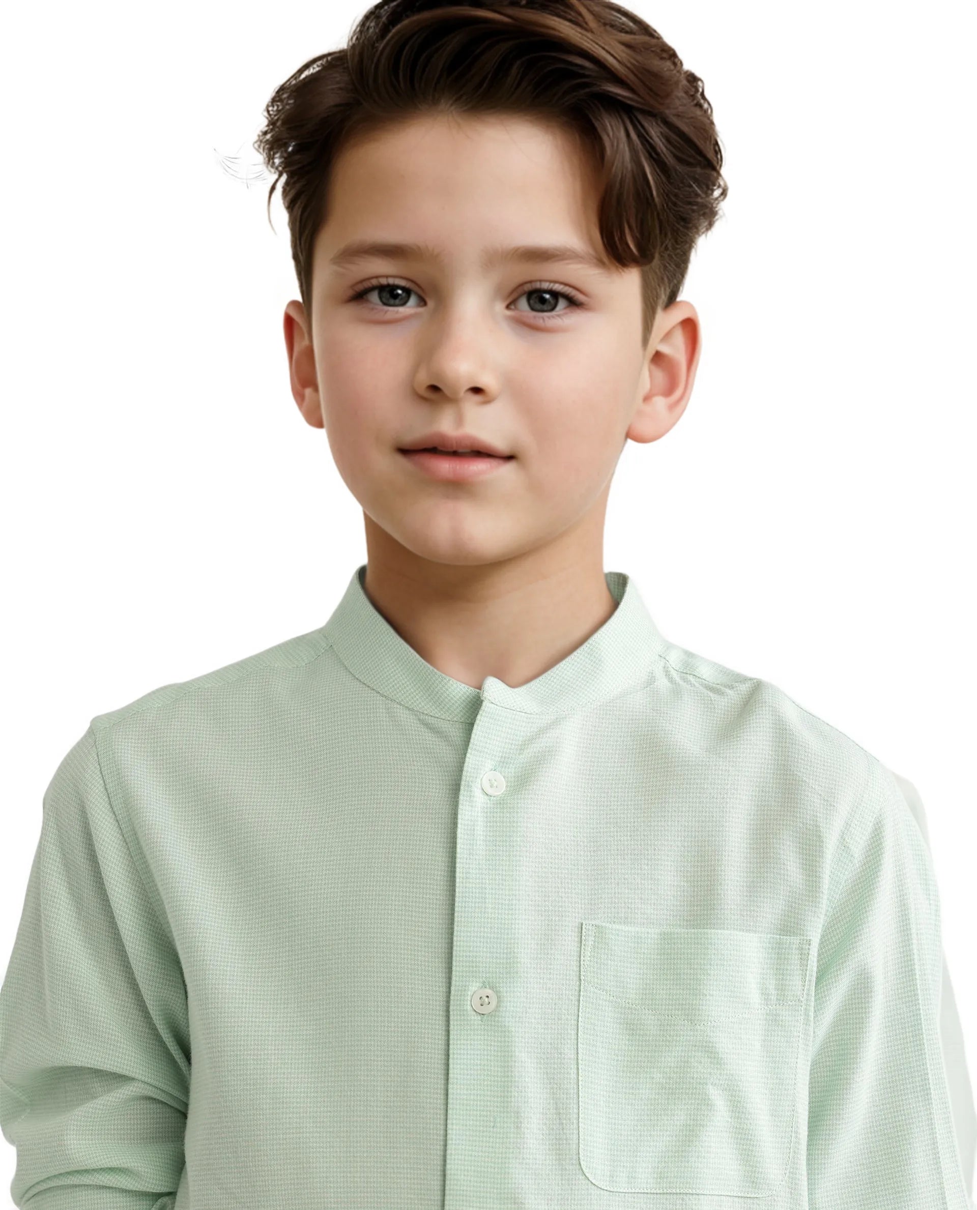 Rare Ones Kids Lynx Light Green Cotton Blend Full Sleeve Mandarin Collar Self Striped Embroidered Signature Shirt