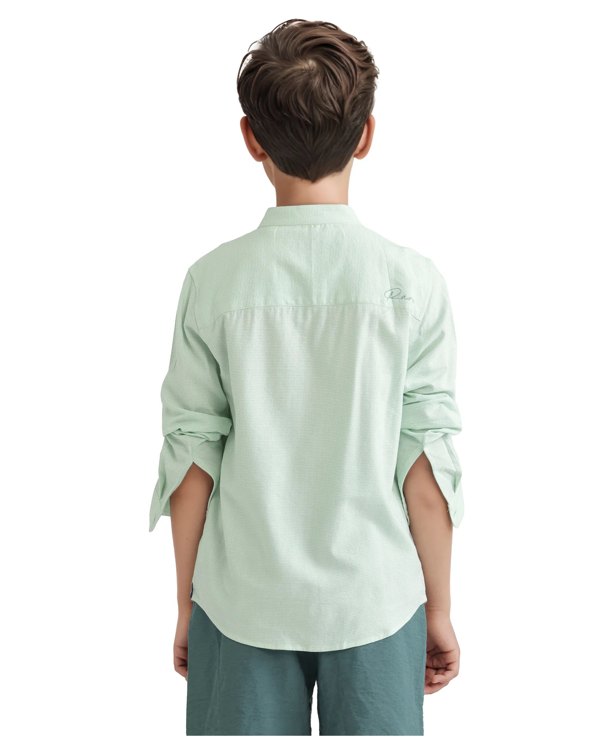 Rare Ones Kids Lynx Light Green Cotton Blend Full Sleeve Mandarin Collar Self Striped Embroidered Signature Shirt