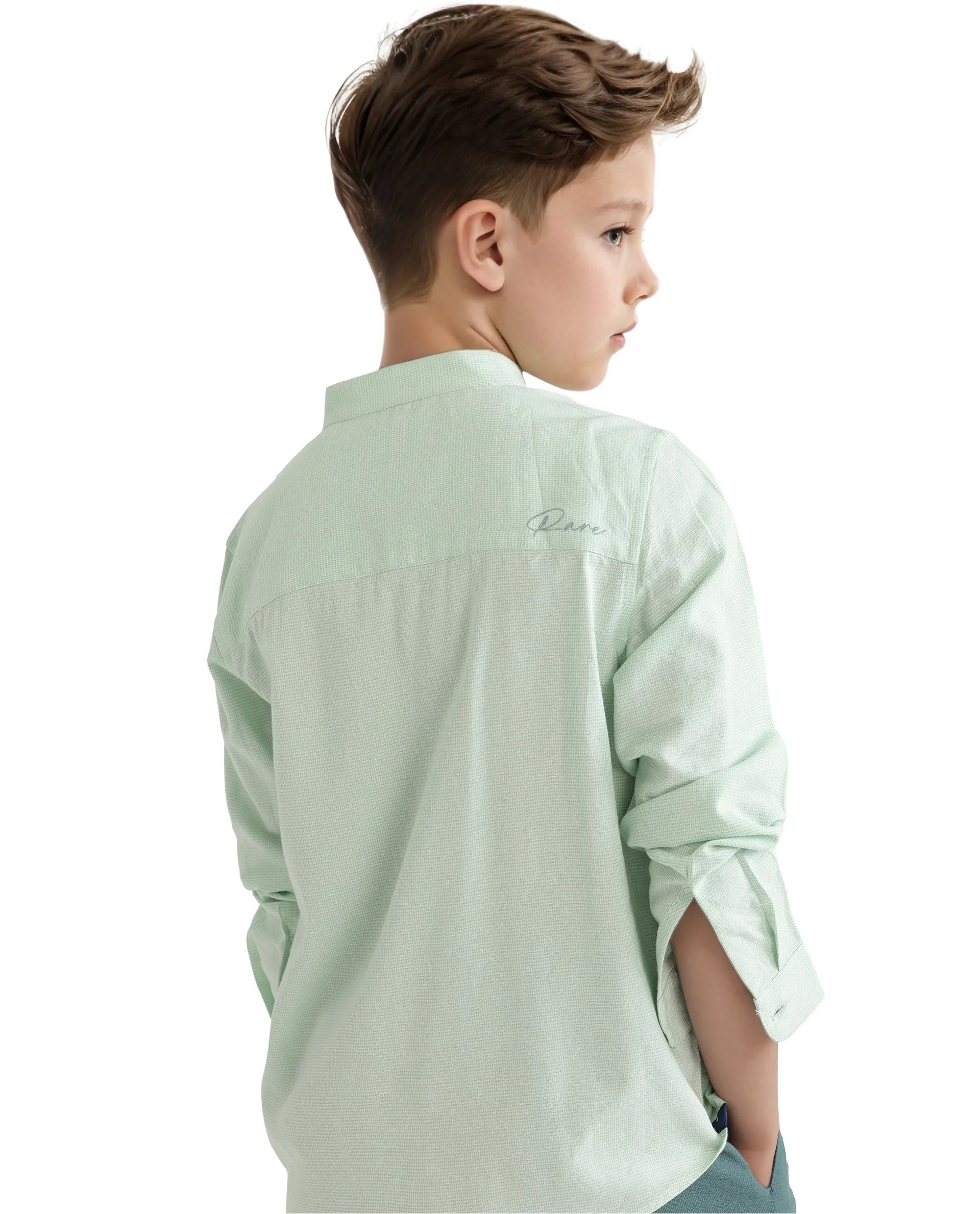 Rare Ones Kids Lynx Light Green Cotton Blend Full Sleeve Mandarin Collar Self Striped Embroidered Signature Shirt