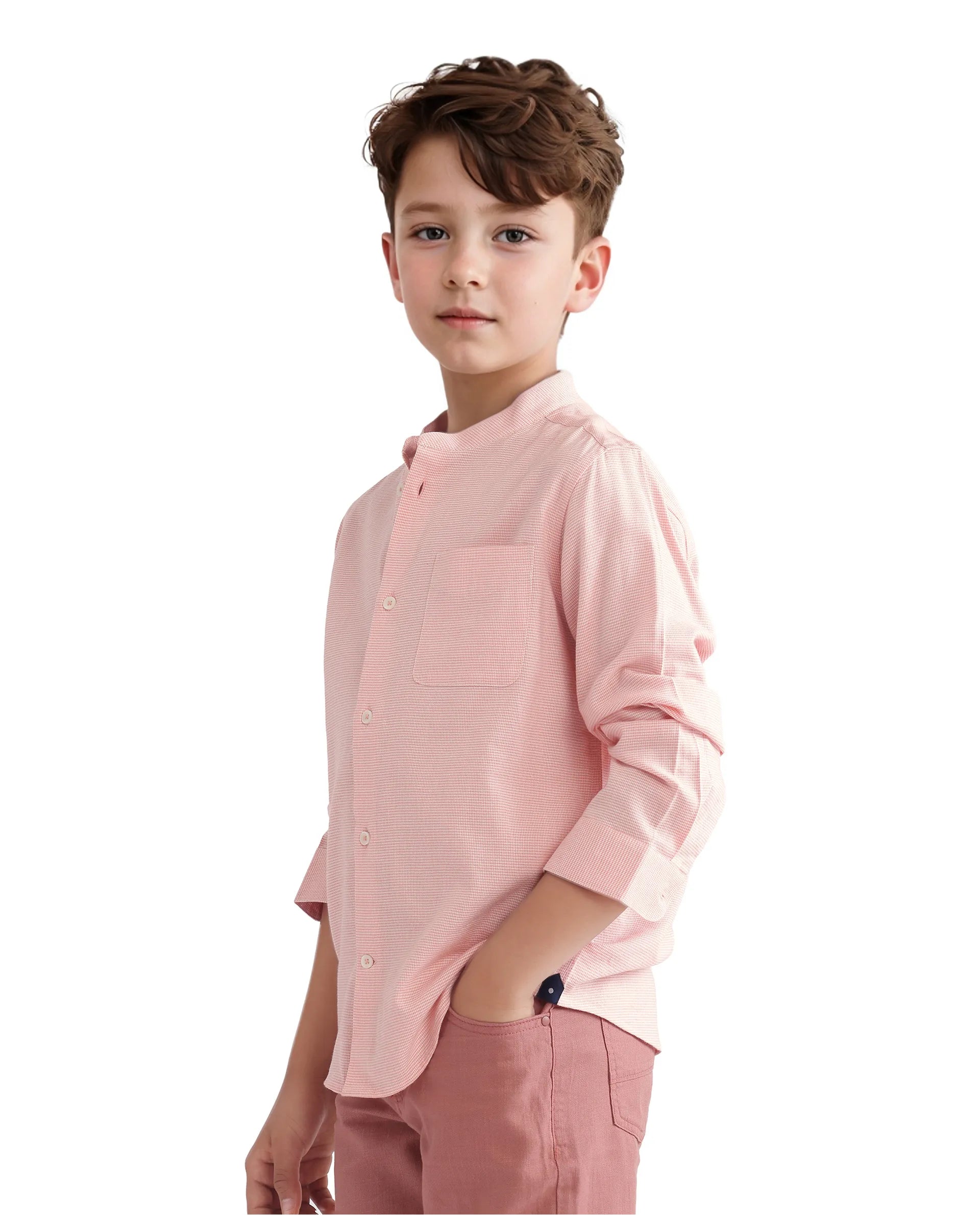 Rare Ones Kids Lynx Peach Cotton Blend Full Sleeve Mandarin Collar Self Striped Embroidered Signature Shirt