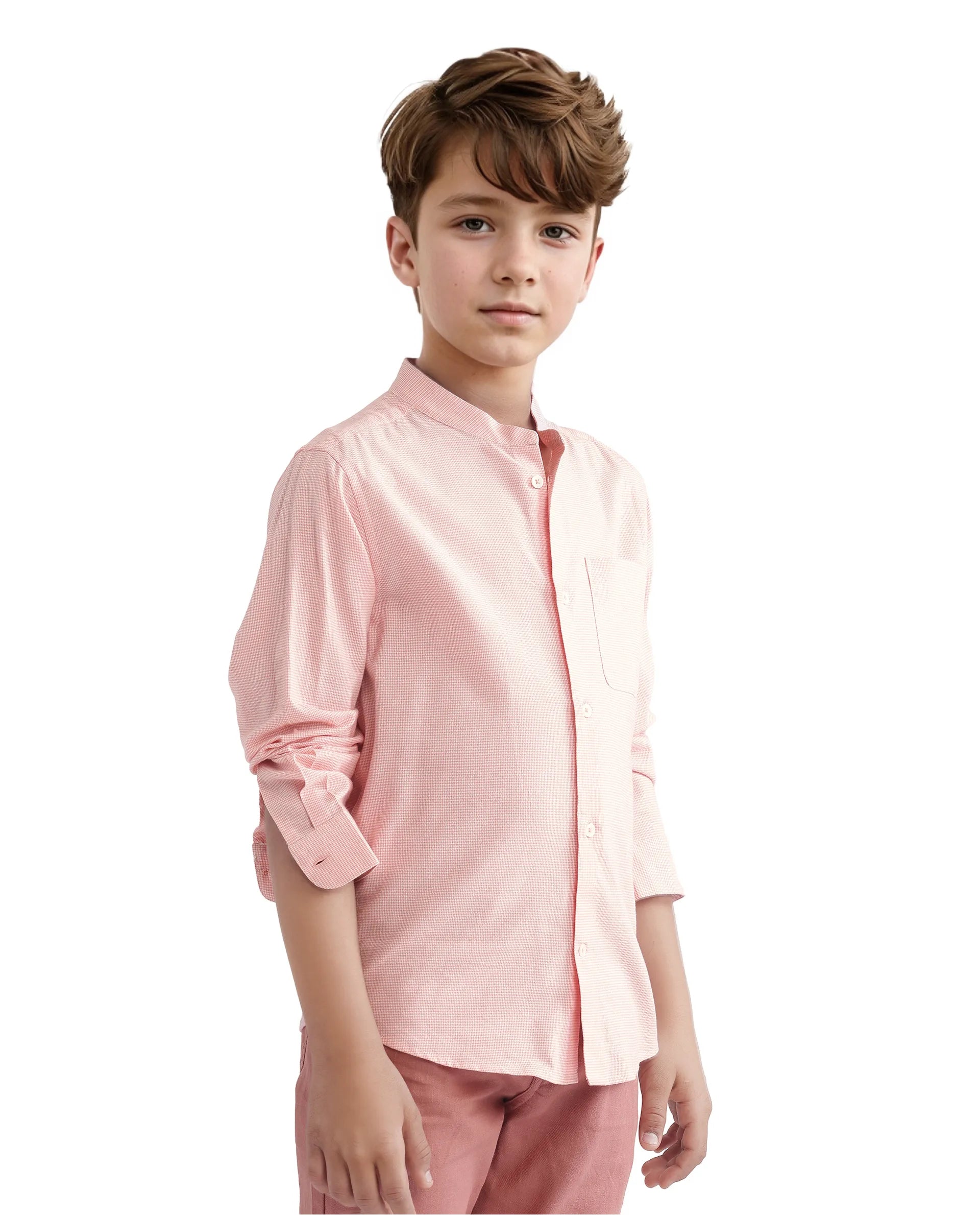 Rare Ones Kids Lynx Peach Cotton Blend Full Sleeve Mandarin Collar Self Striped Embroidered Signature Shirt
