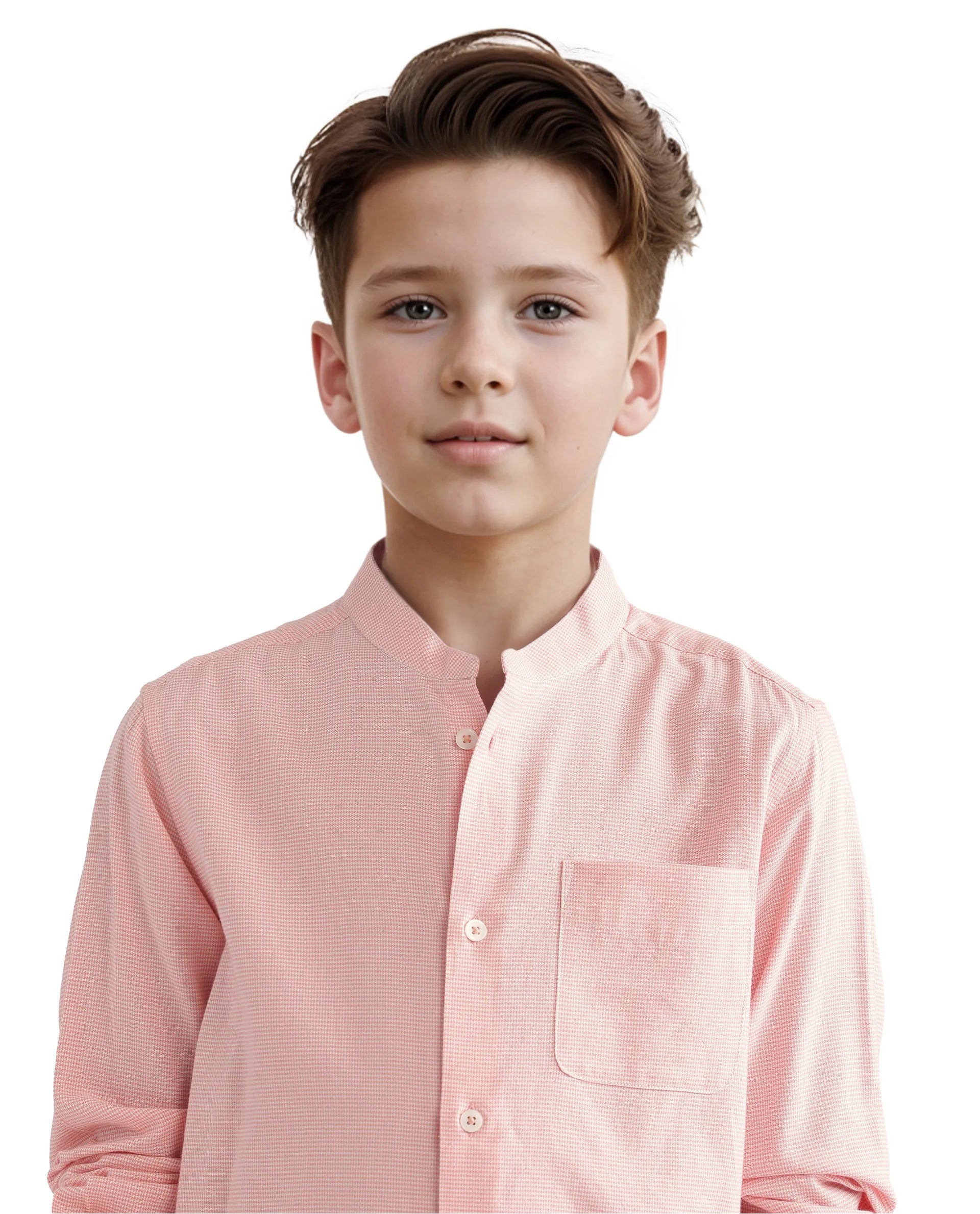 Rare Ones Kids Lynx Peach Cotton Blend Full Sleeve Mandarin Collar Self Striped Embroidered Signature Shirt