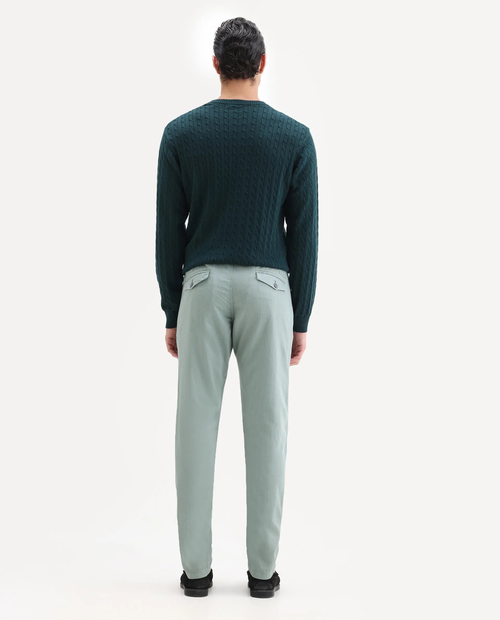 Rare Rabbit Men's Lyte Green Cotton Plain Regular Fit Trouser