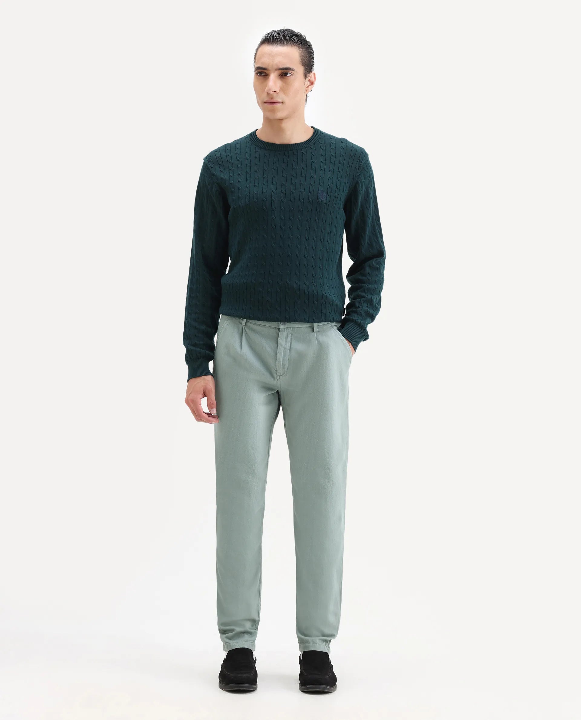 Rare Rabbit Men's Lyte Green Cotton Plain Regular Fit Trouser