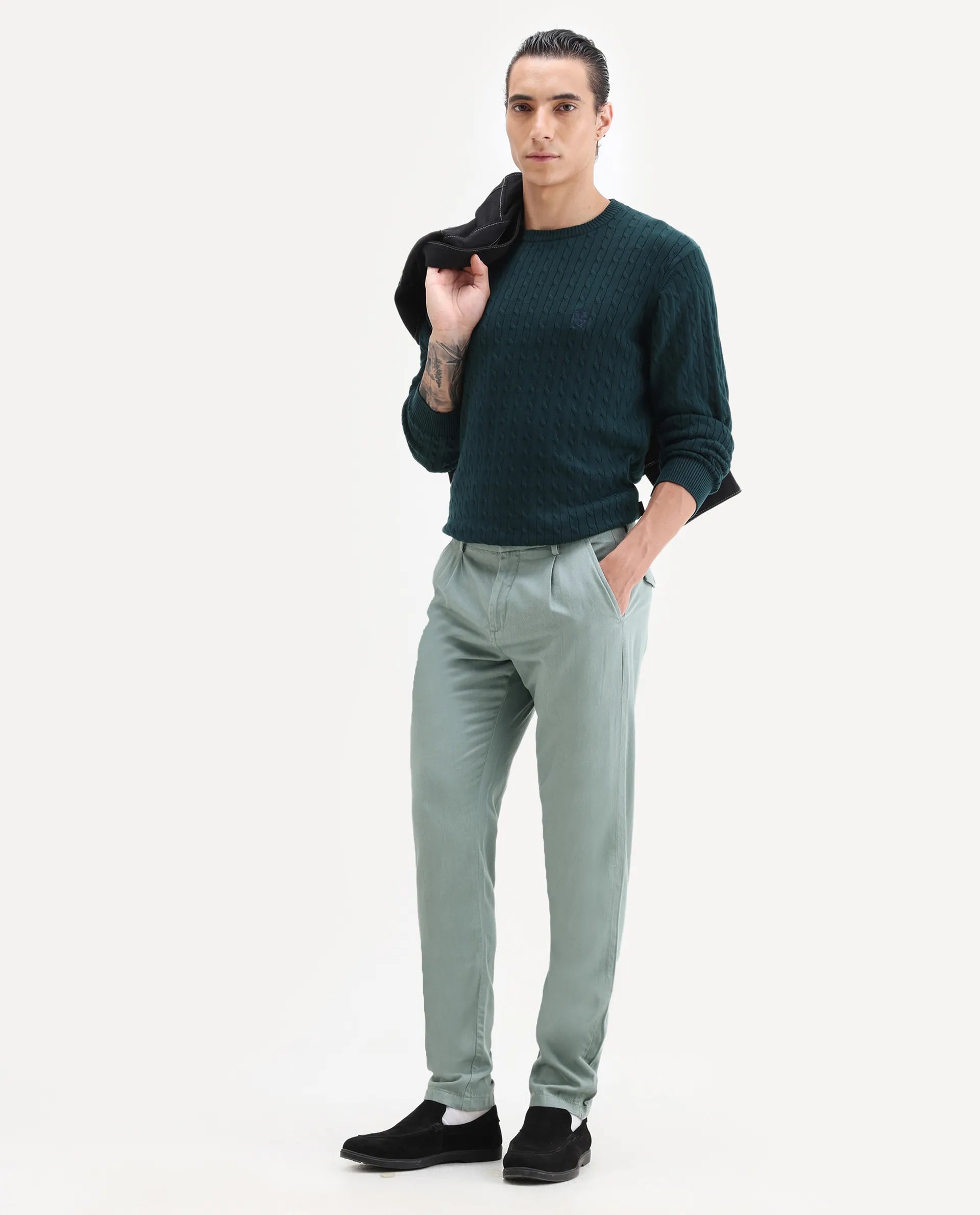 Rare Rabbit Men's Lyte Green Cotton Plain Regular Fit Trouser