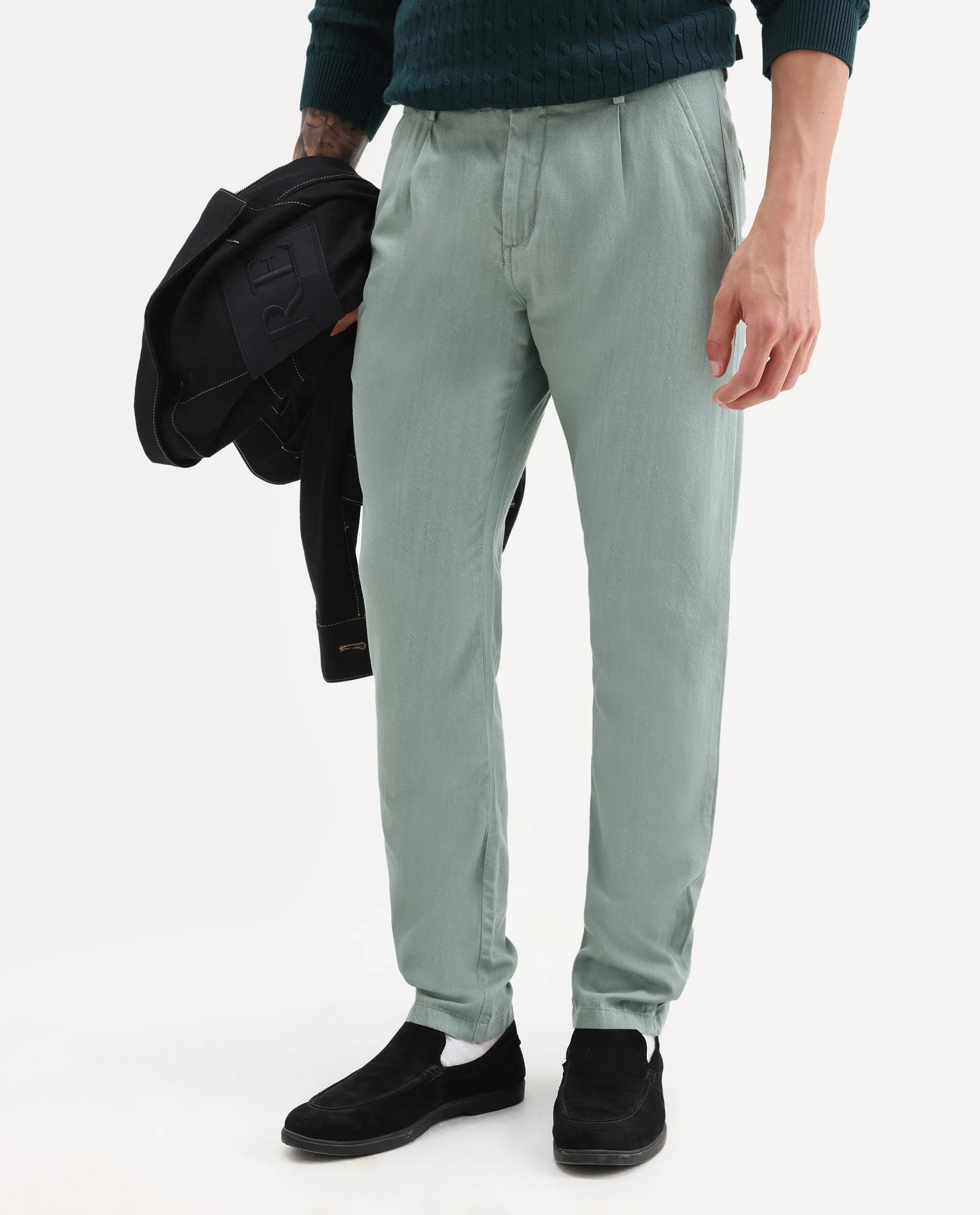 Rare Rabbit Men's Lyte Green Cotton Plain Regular Fit Trouser