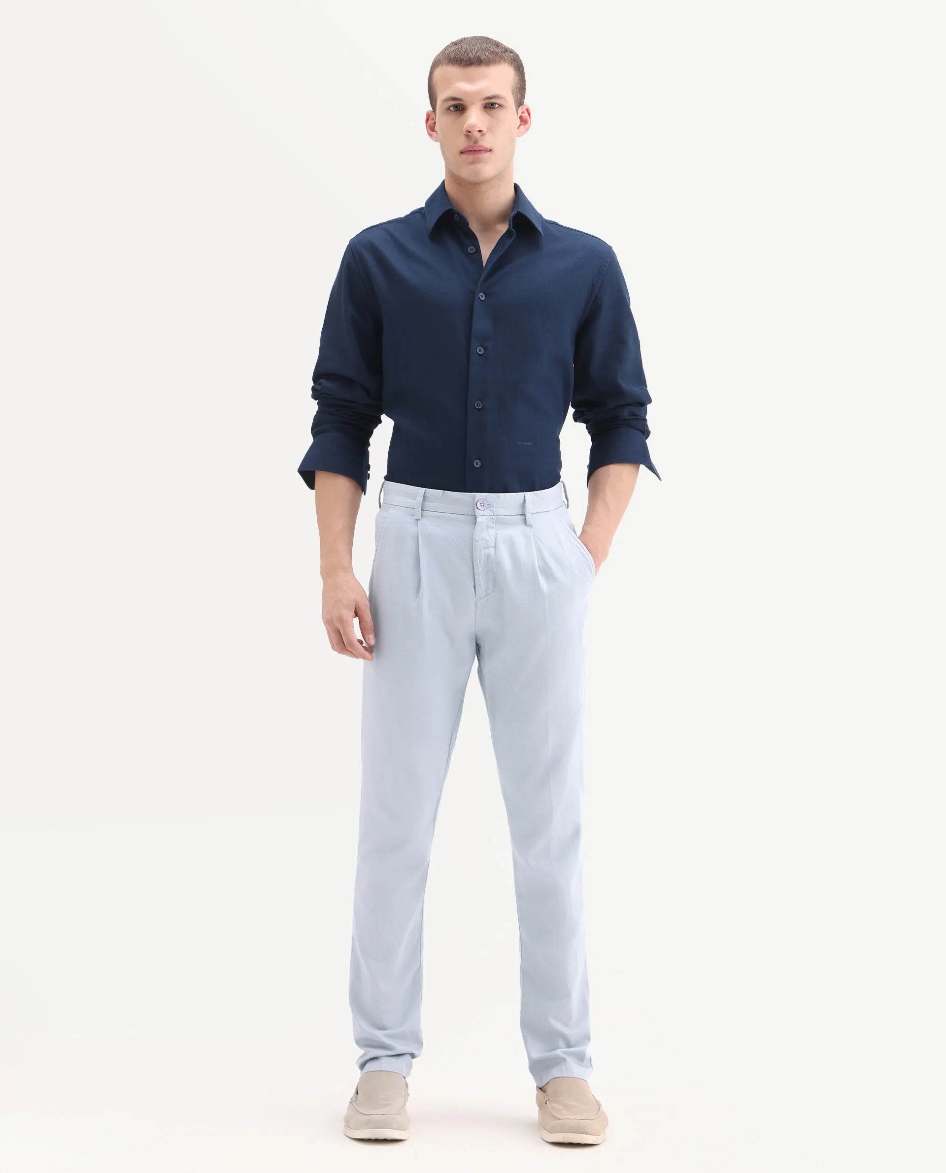 Rare Rabbit Men's Lyte Pastel Blue Cotton Plain Regular Fit Trouser