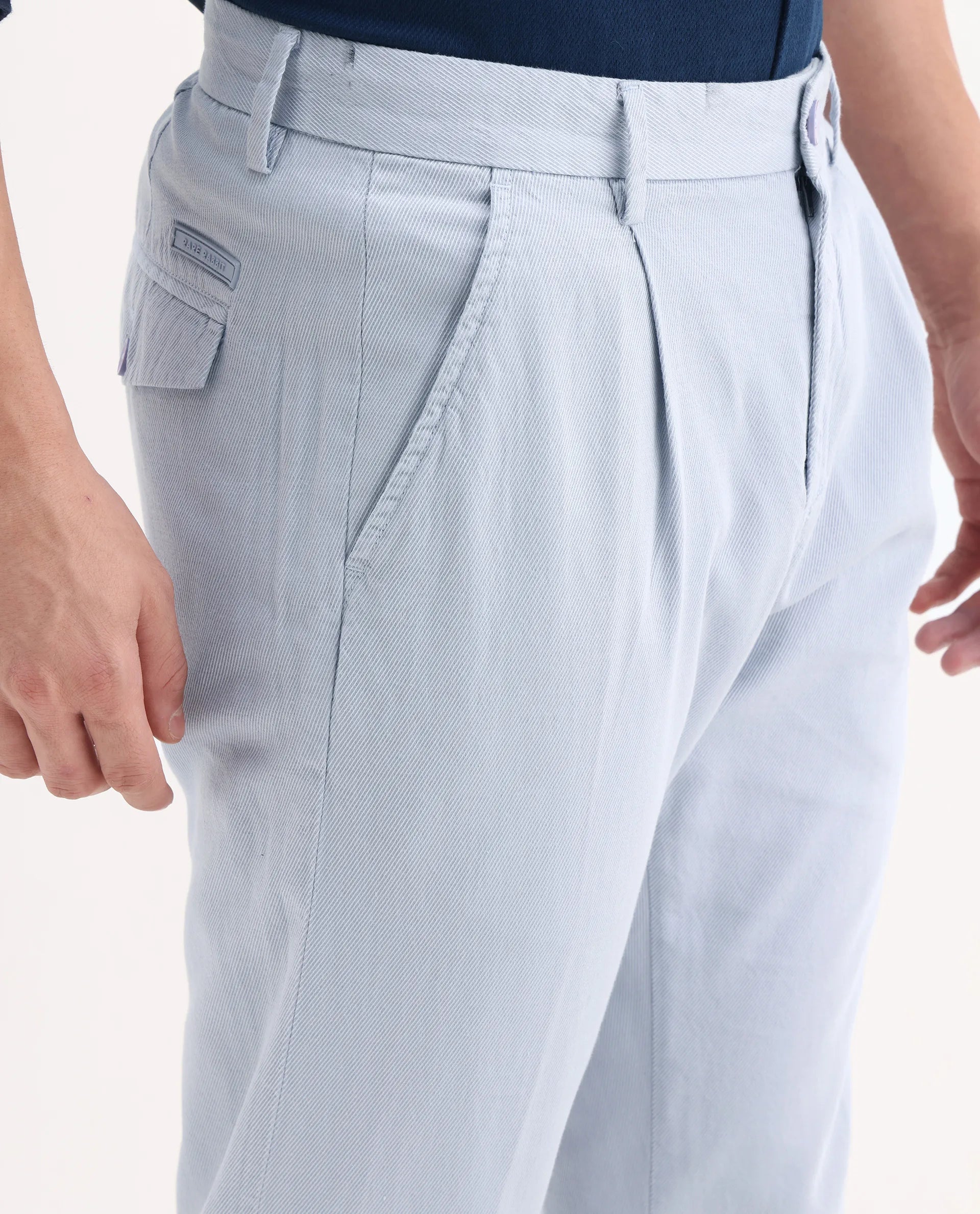 Rare Rabbit Men's Lyte Pastel Blue Cotton Plain Regular Fit Trouser