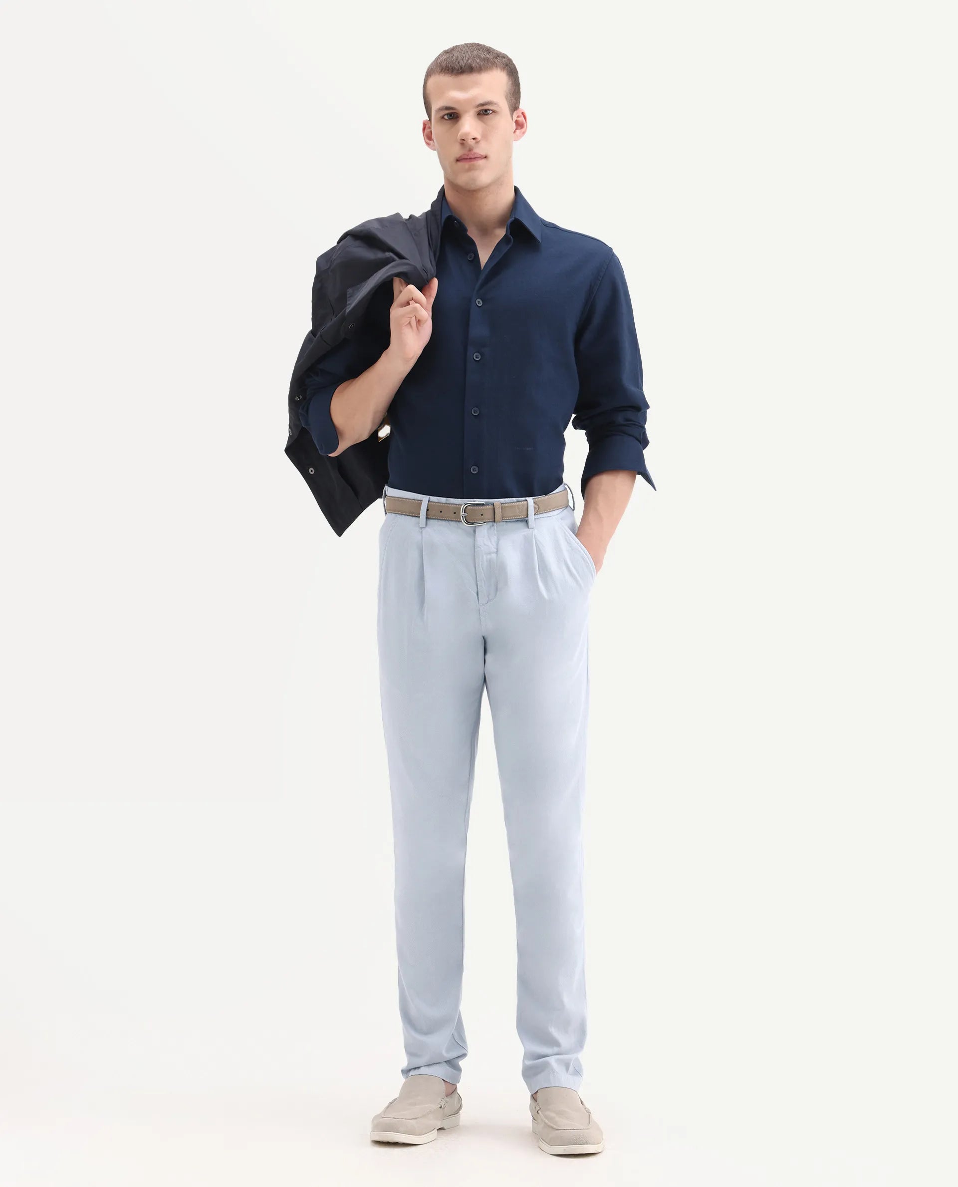 Rare Rabbit Men's Lyte Pastel Blue Cotton Plain Regular Fit Trouser