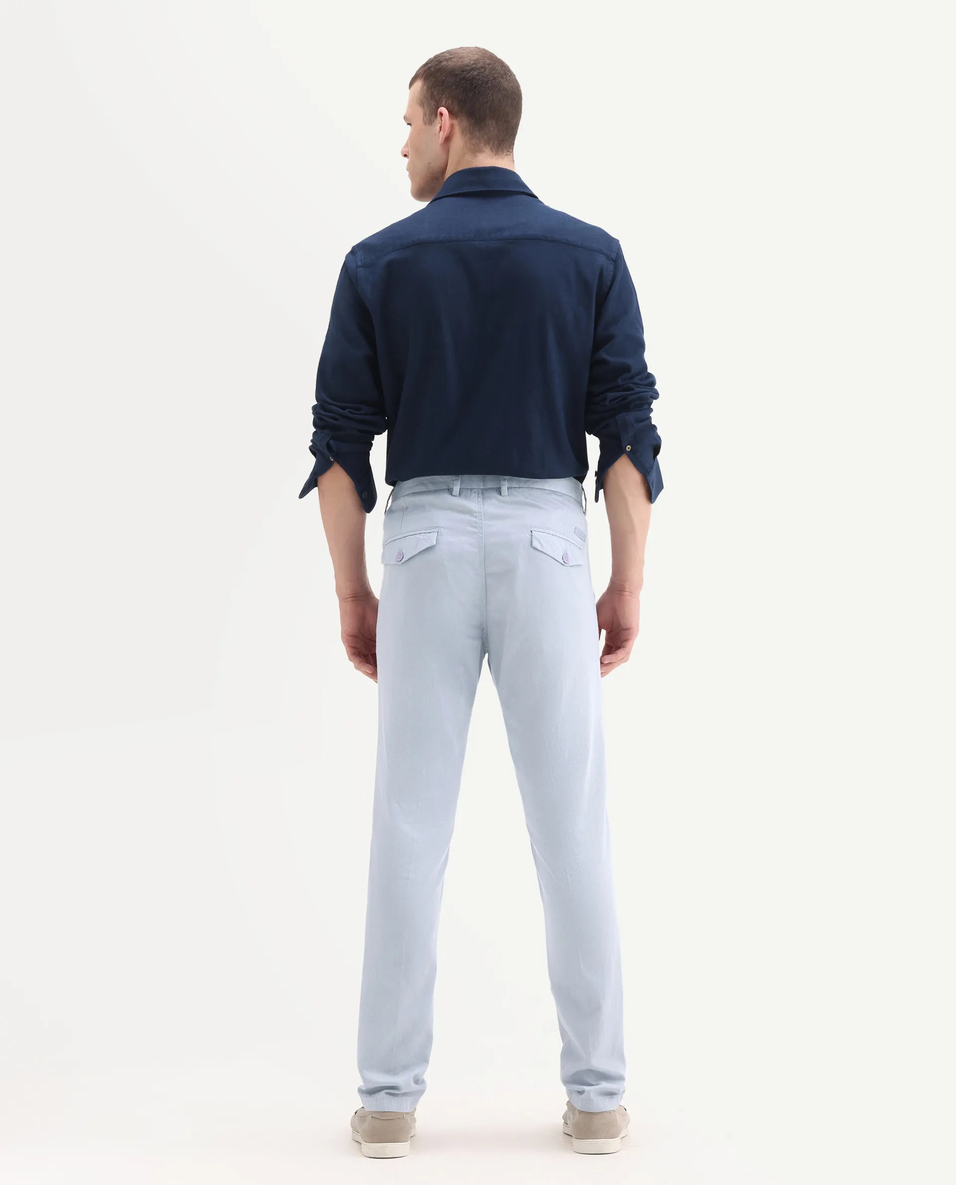 Rare Rabbit Men's Lyte Pastel Blue Cotton Plain Regular Fit Trouser