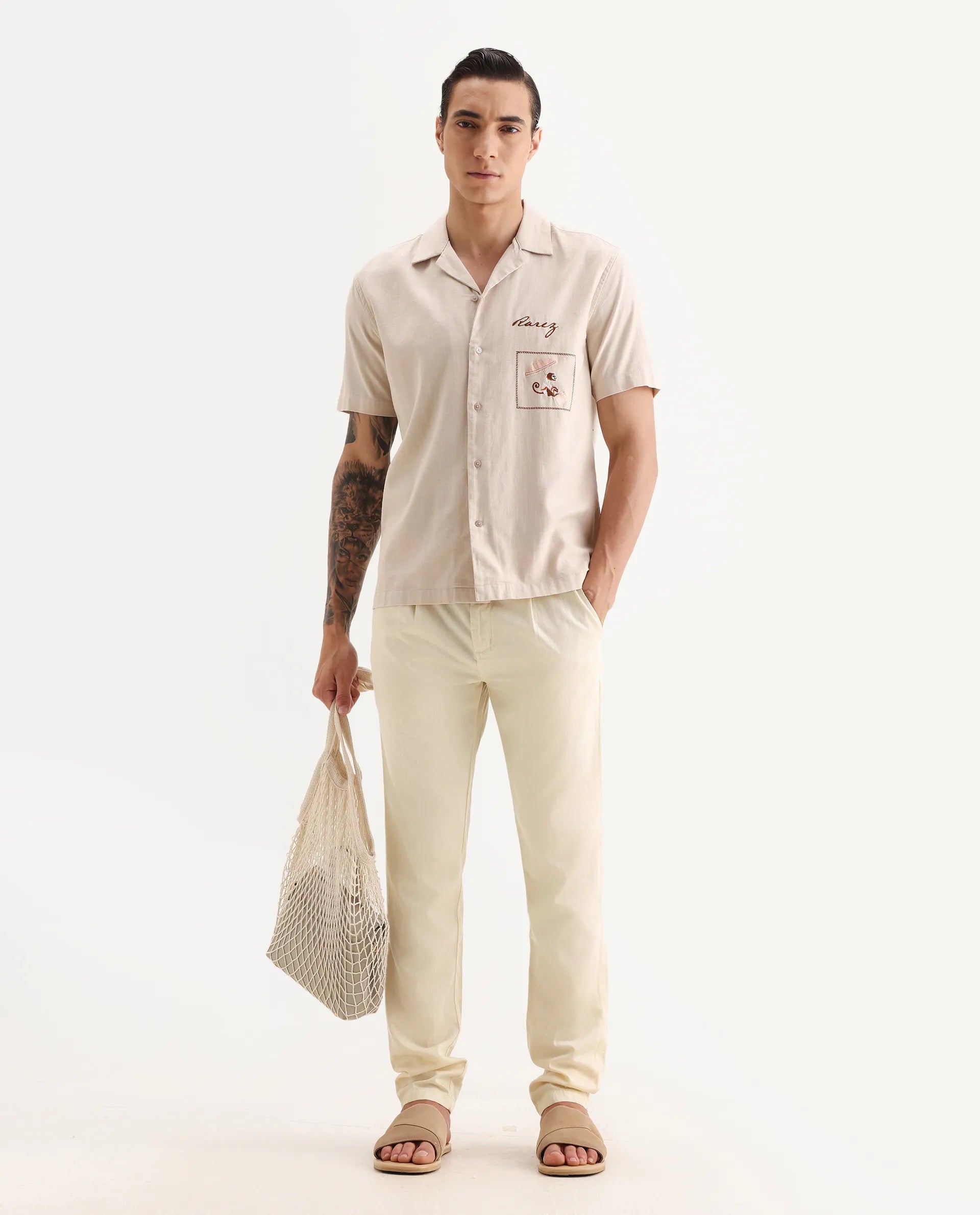 Rare Rabbit Men's Lyte Pastel Yellow Cotton Plain Regular Fit Trouser