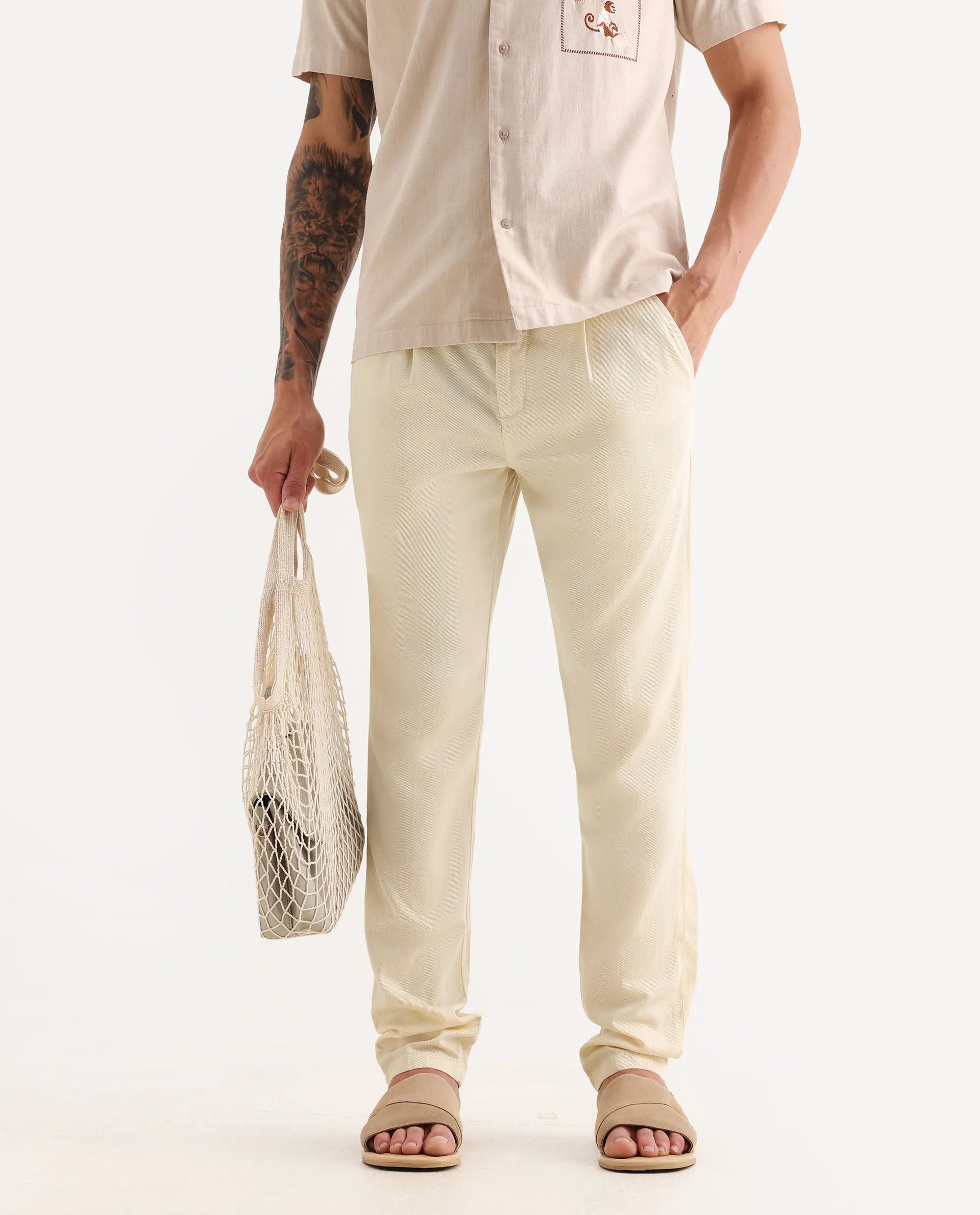 Rare Rabbit Men's Lyte Pastel Yellow Cotton Plain Regular Fit Trouser