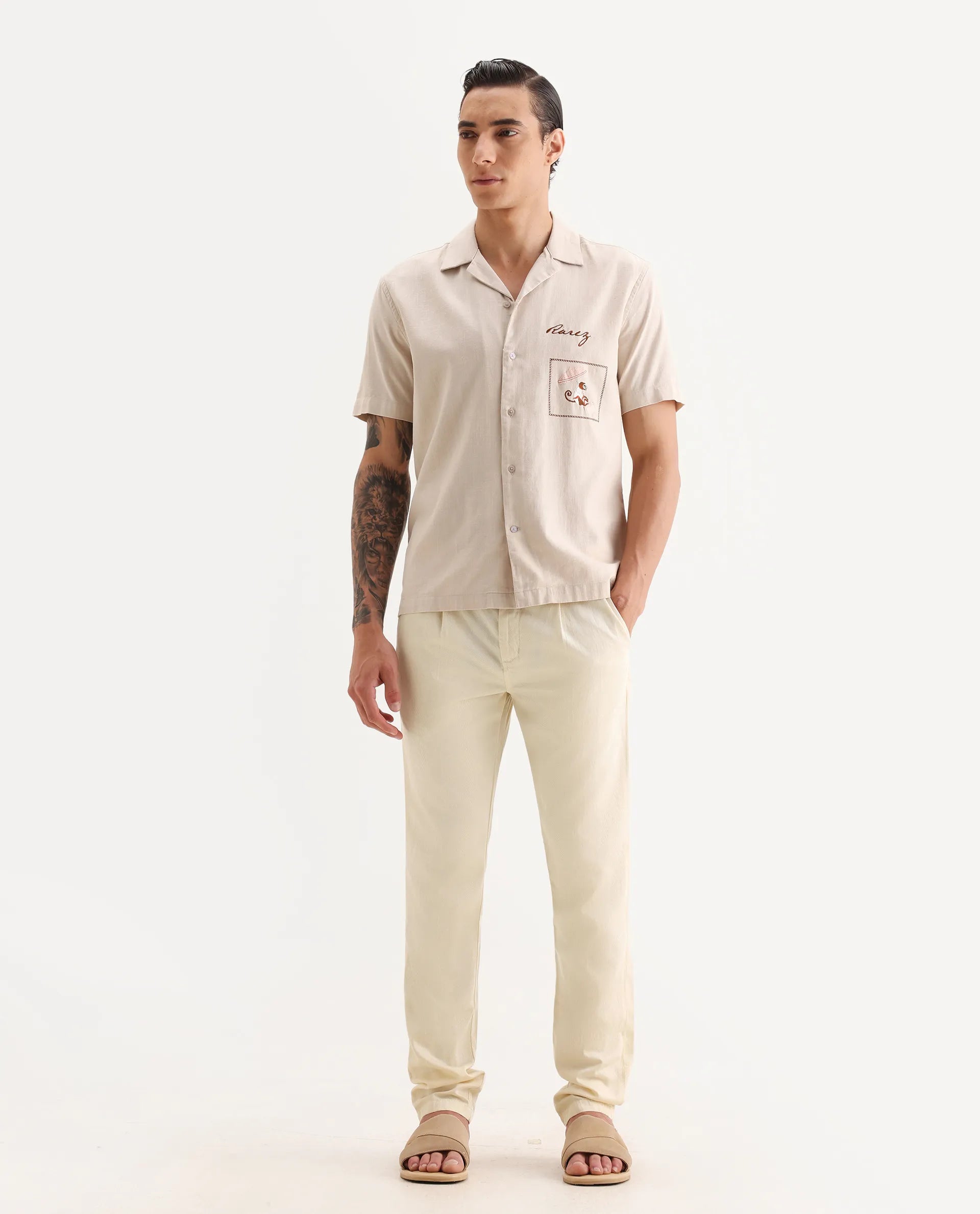 Rare Rabbit Men's Lyte Pastel Yellow Cotton Plain Regular Fit Trouser