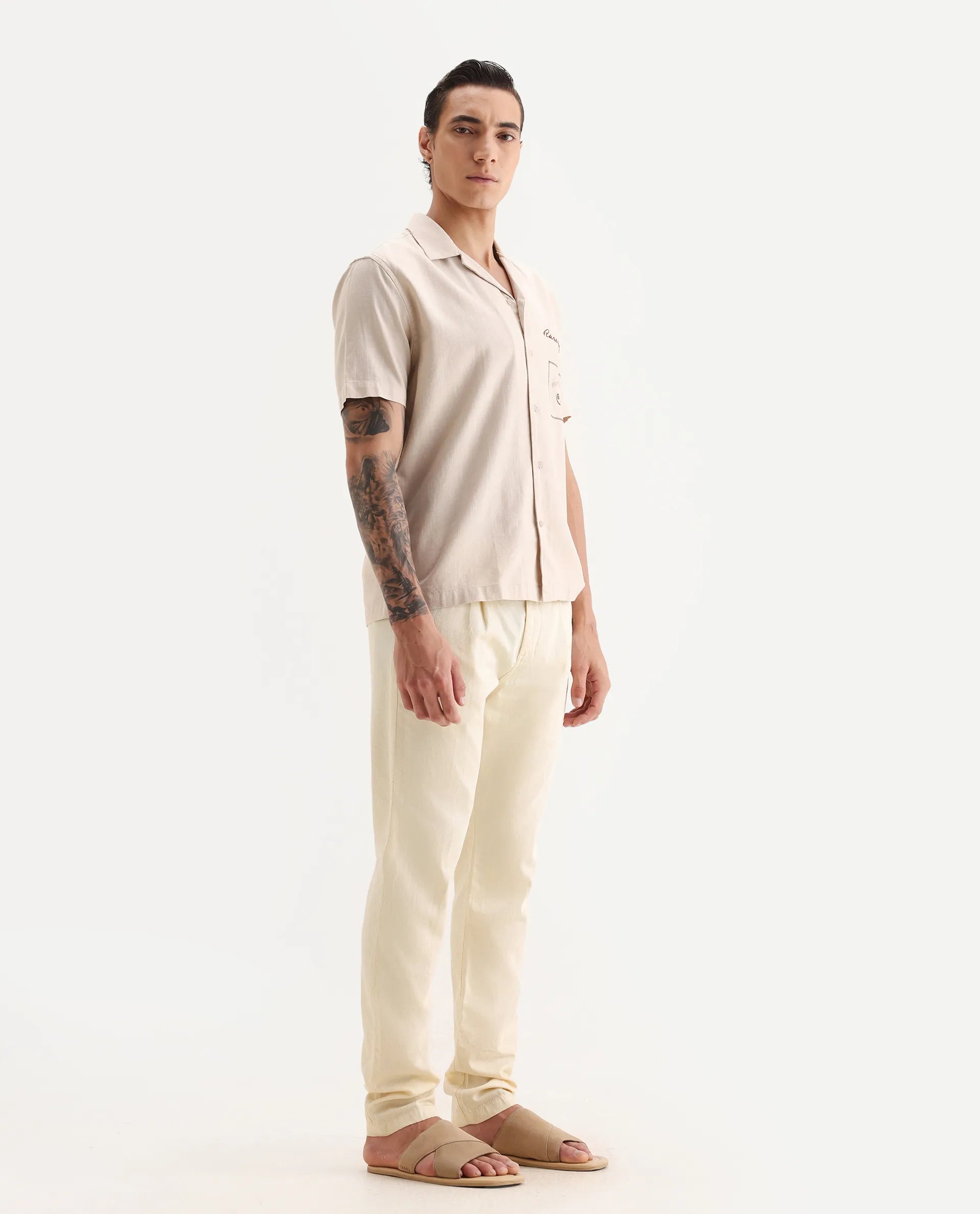 Rare Rabbit Men's Lyte Pastel Yellow Cotton Plain Regular Fit Trouser