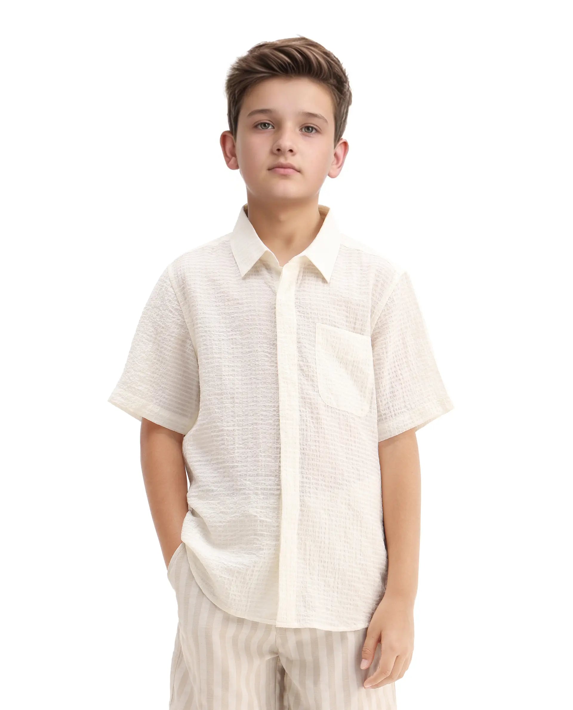 Rare Ones Kids Lyth Off White Cotton Blend Half Sleeve Striped Regular Fit Shirt
