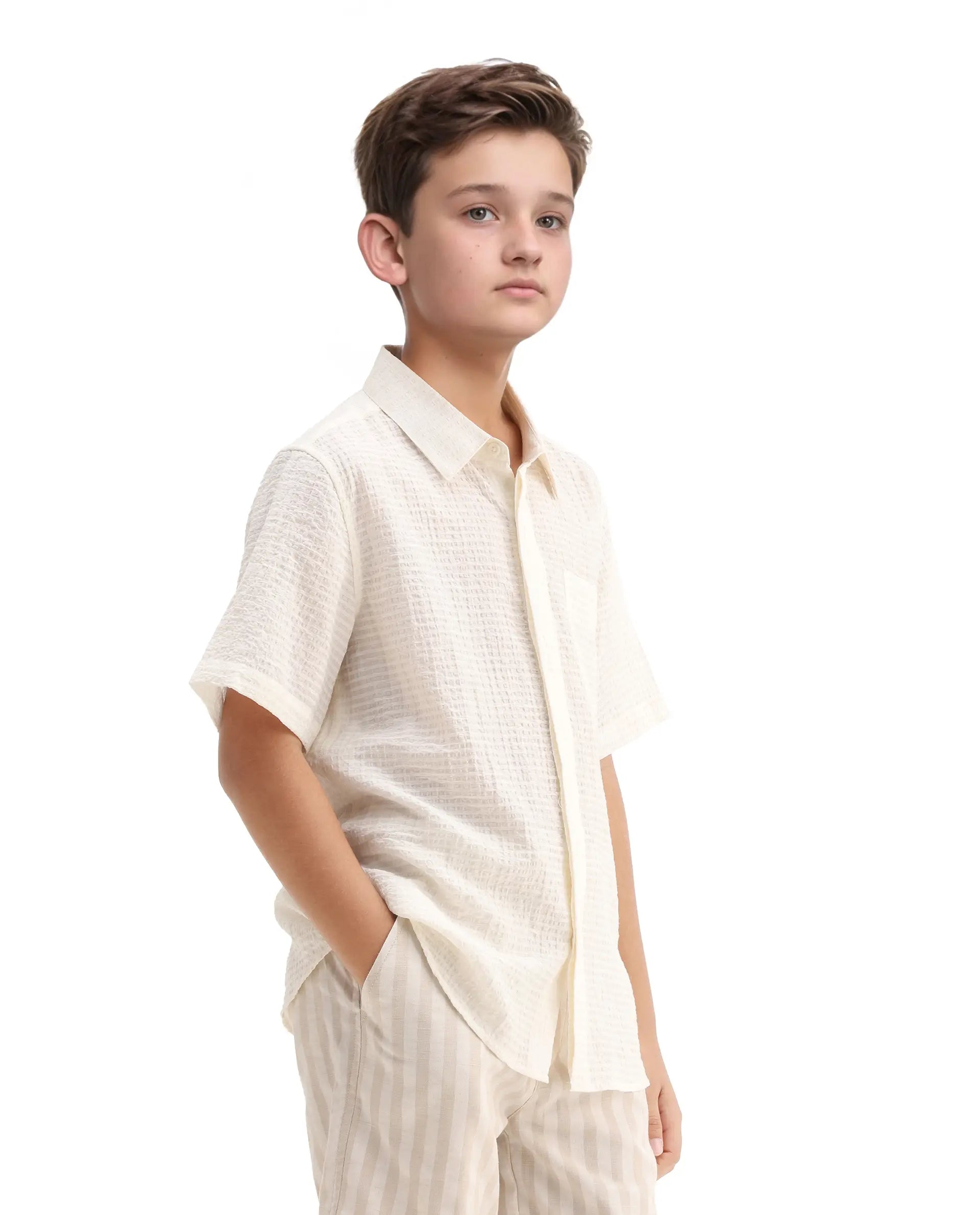 Rare Ones Kids Lyth Off White Cotton Blend Half Sleeve Striped Regular Fit Shirt