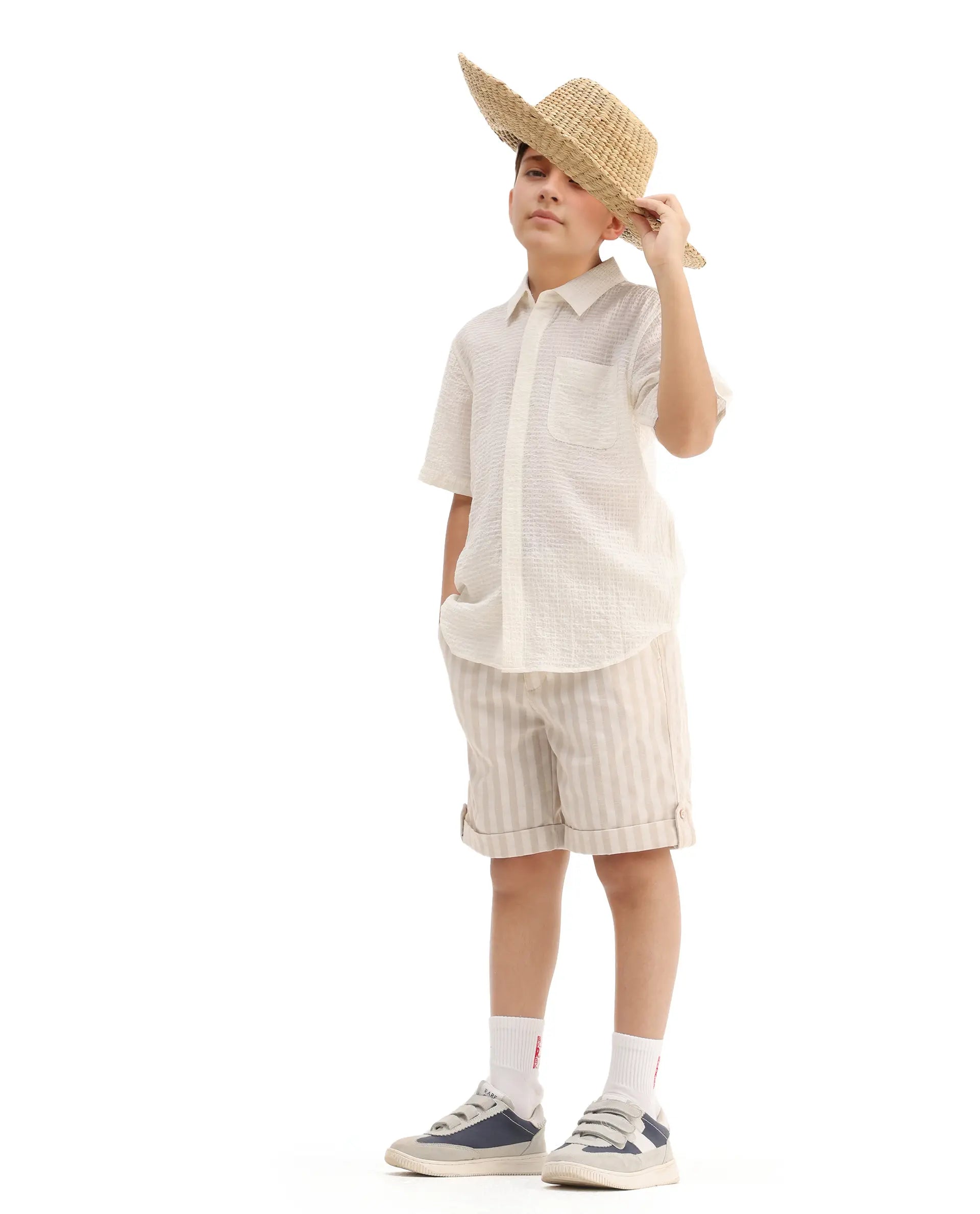 Rare Ones Kids Lyth Off White Cotton Blend Half Sleeve Striped Regular Fit Shirt