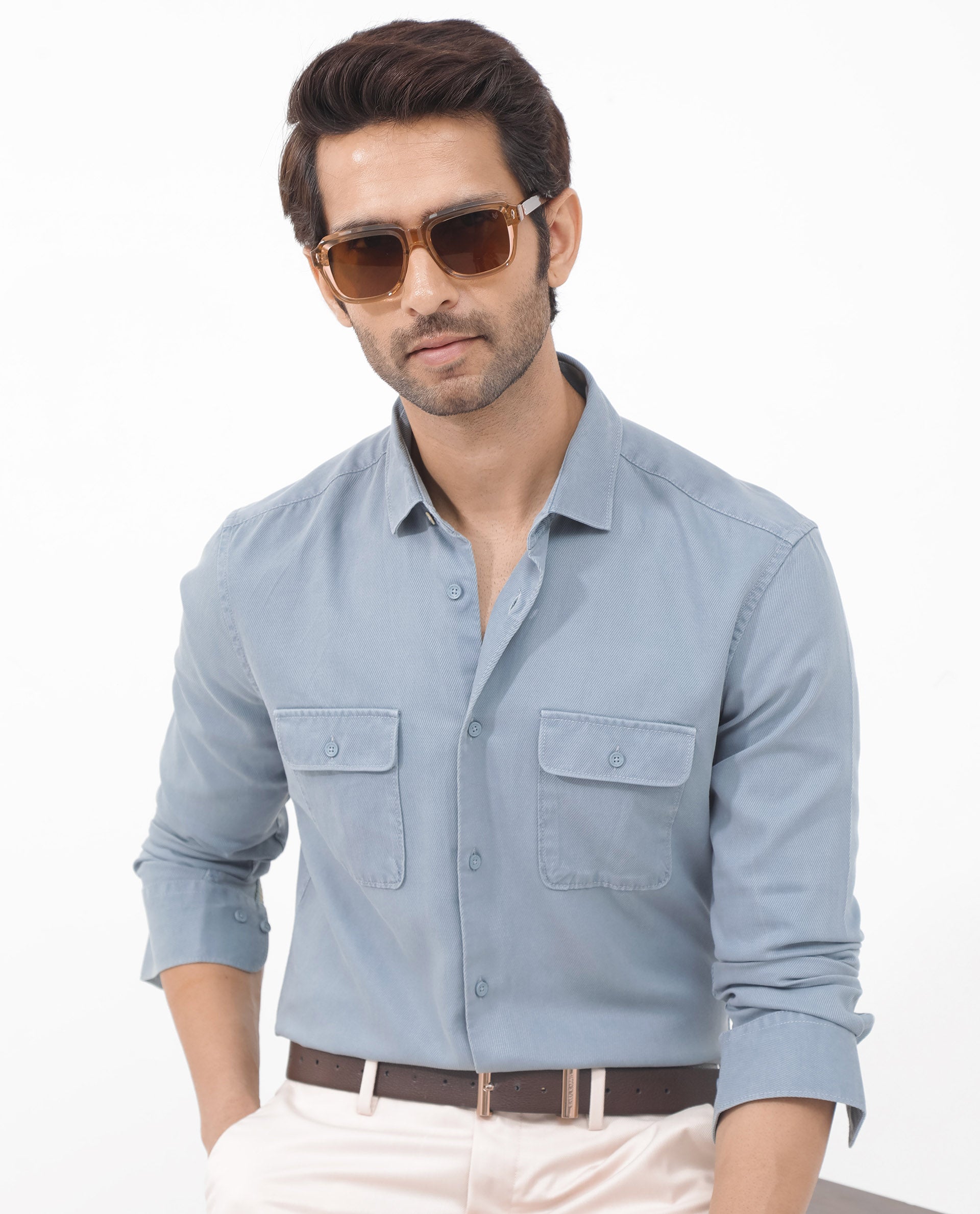 Rare Rabbit Mens Lyton-2 Dusky Blue Full Sleeve Over Dyed Front Flap Pocket Solid Shirt