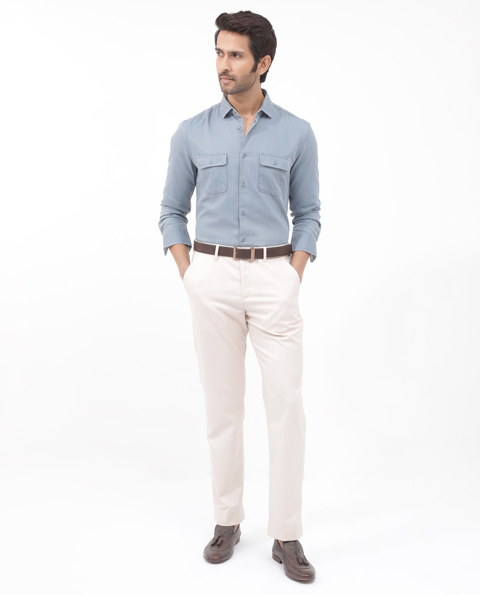 Rare Rabbit Mens Lyton-2 Dusky Blue Full Sleeve Over Dyed Front Flap Pocket Solid Shirt