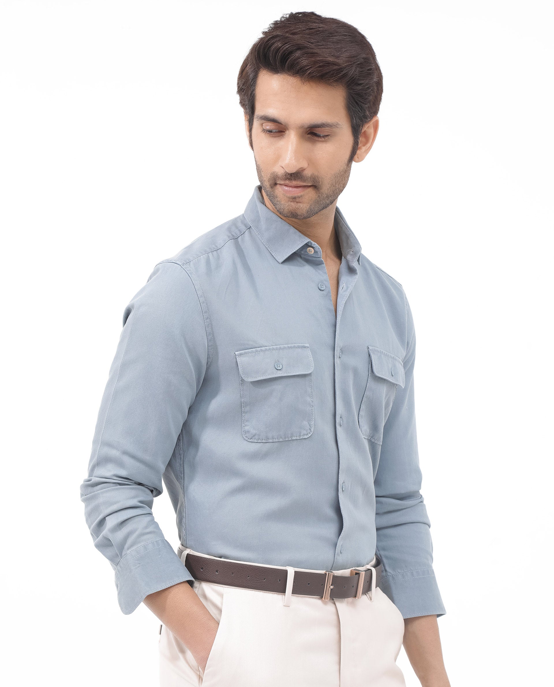 Rare Rabbit Mens Lyton-2 Dusky Blue Full Sleeve Over Dyed Front Flap Pocket Solid Shirt