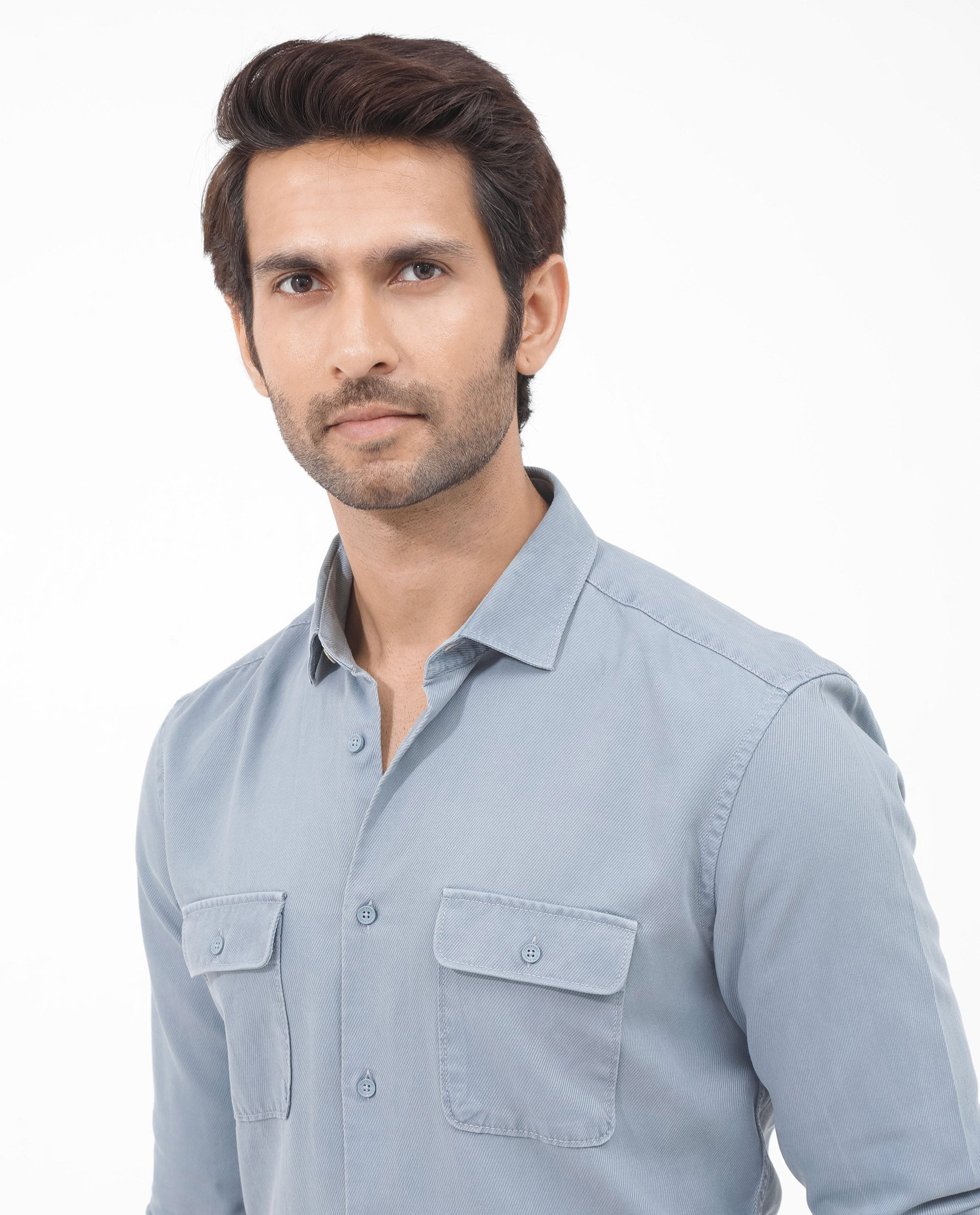 Rare Rabbit Mens Lyton-2 Dusky Blue Full Sleeve Over Dyed Front Flap Pocket Solid Shirt