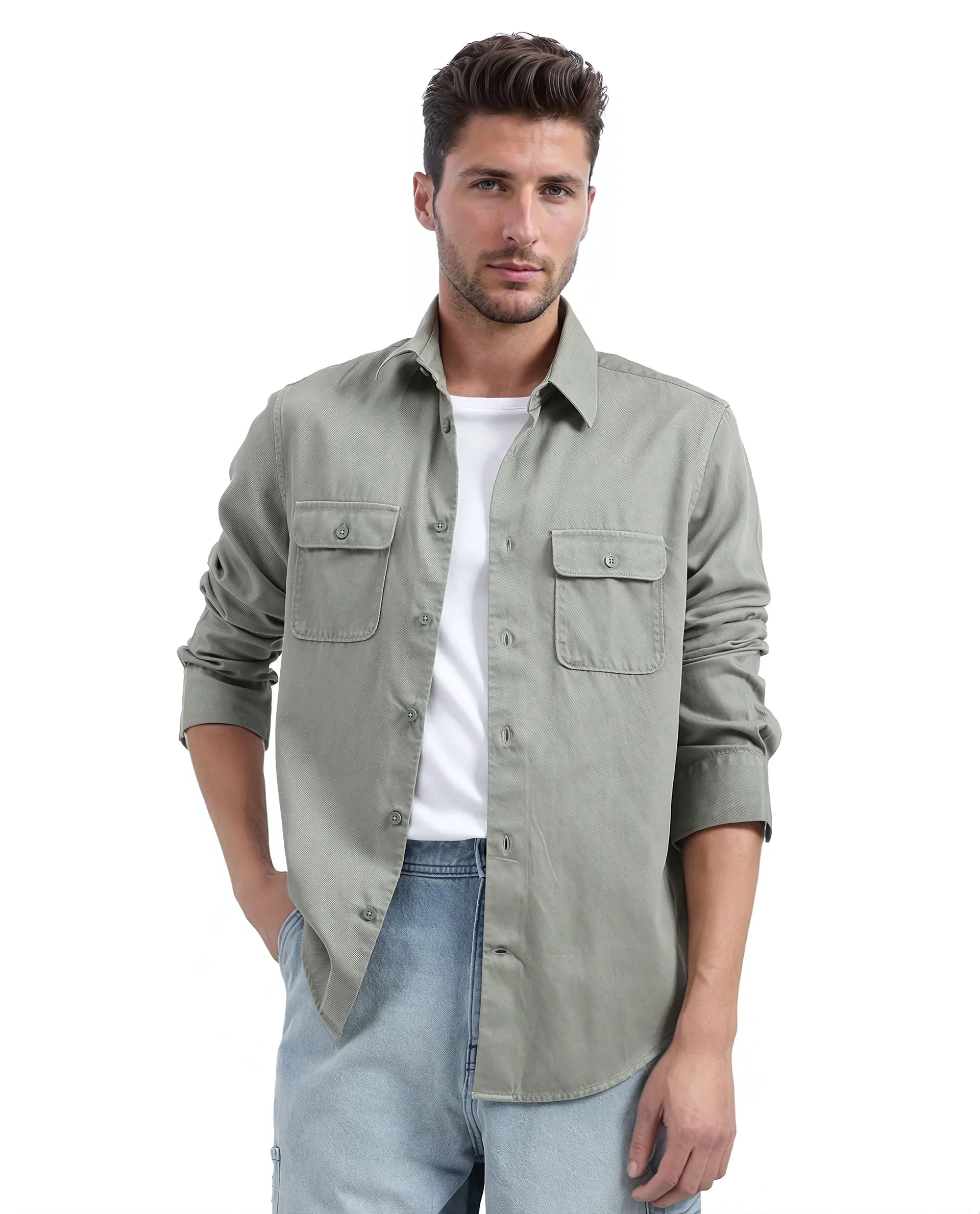 Rare Rabbit Men Lyton-25 Dusky Green Excel Cotton Fabric Full Sleeves Collared Neck Button Closure Plain Shirt