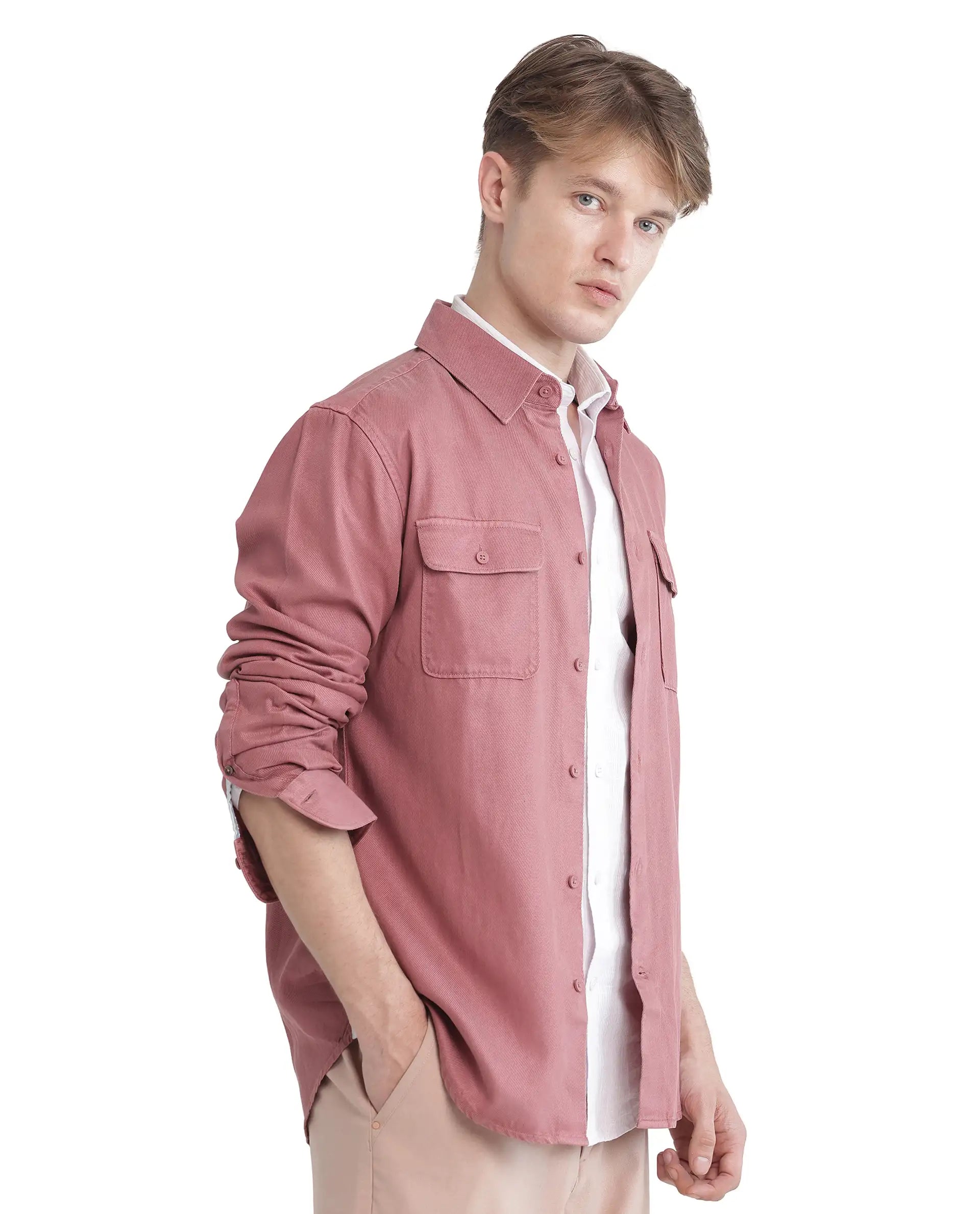 Rare Rabbit Men Lyton-25 Dusky Pink Excel Cotton Fabric Full Sleeves Collared Neck Button Closure Plain Shirt