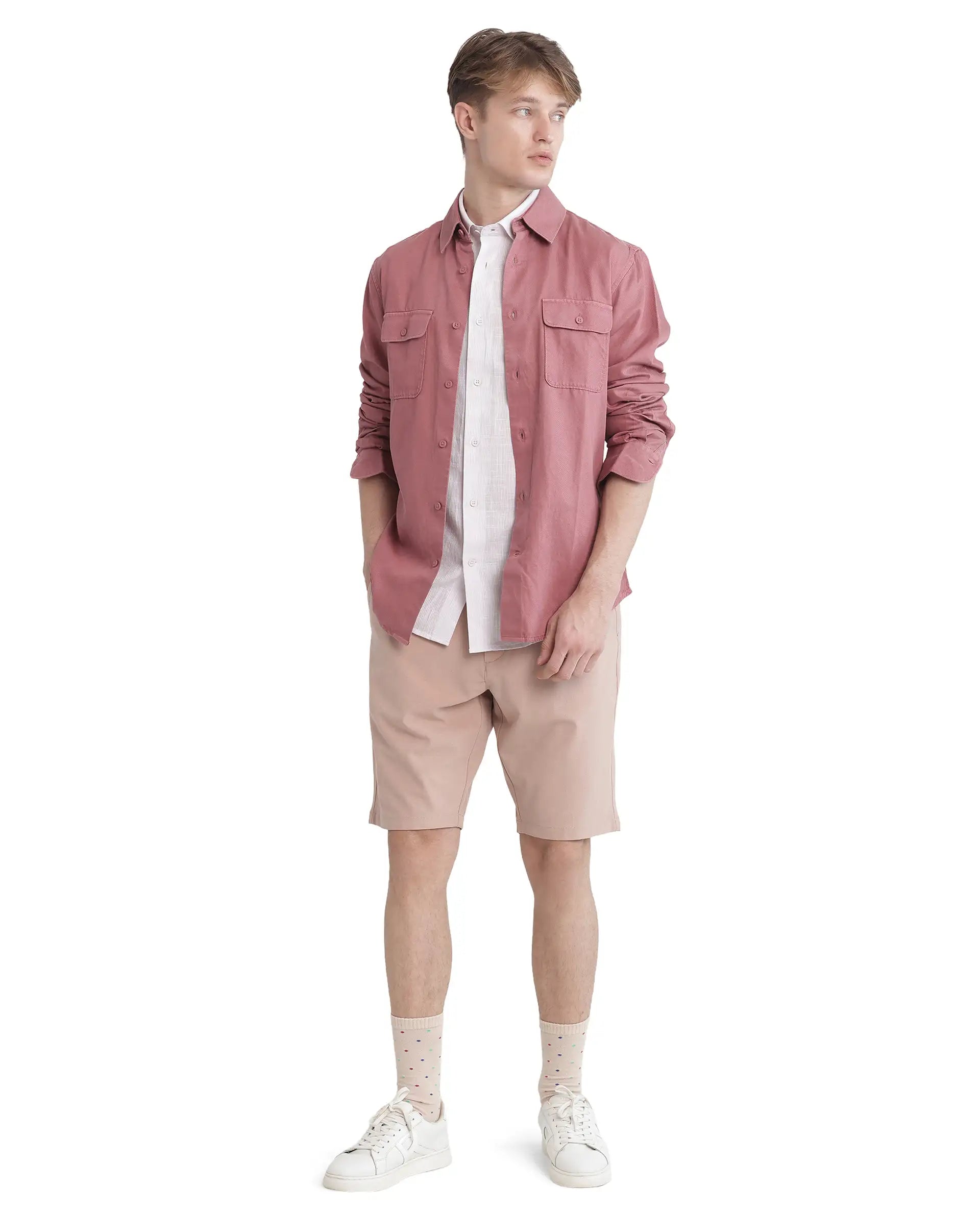 Rare Rabbit Men Lyton-25 Dusky Pink Excel Cotton Fabric Full Sleeves Collared Neck Button Closure Plain Shirt