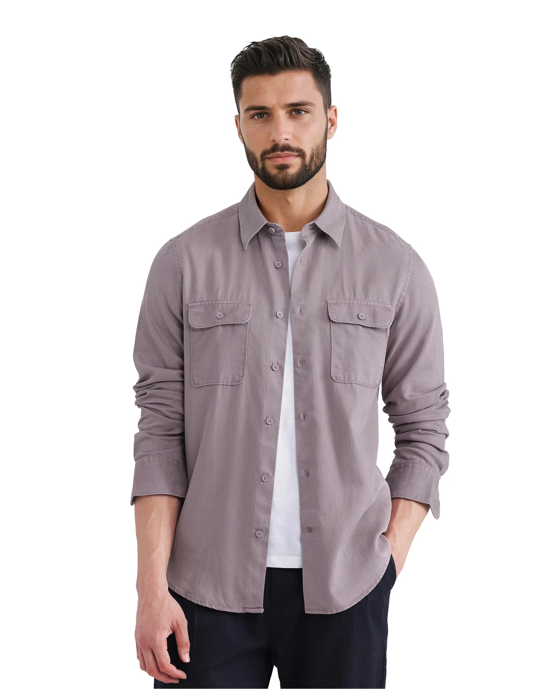 Rare Rabbit Men Lyton-25 Dusky Purple Excel Cotton Fabric Full Sleeves Collared Neck Button Closure Plain Shirt