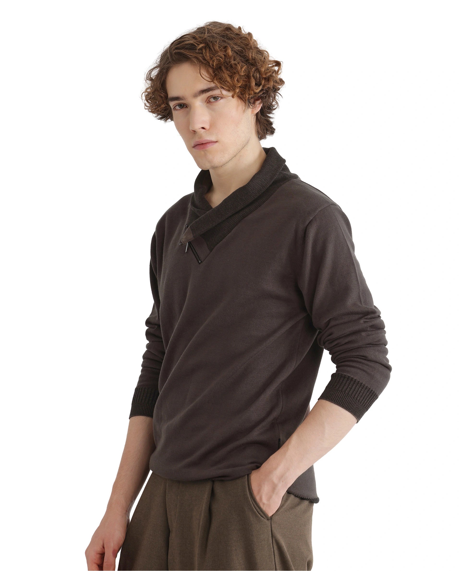 Rare Rabbit Men's Lyzo Brown Full Sleeve Contrasting Cowl Neck Regular Fit Plain Sweater