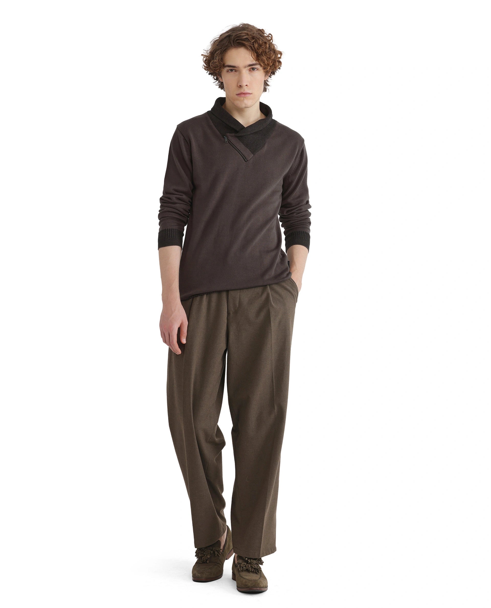 Rare Rabbit Men's Lyzo Brown Full Sleeve Contrasting Cowl Neck Regular Fit Plain Sweater