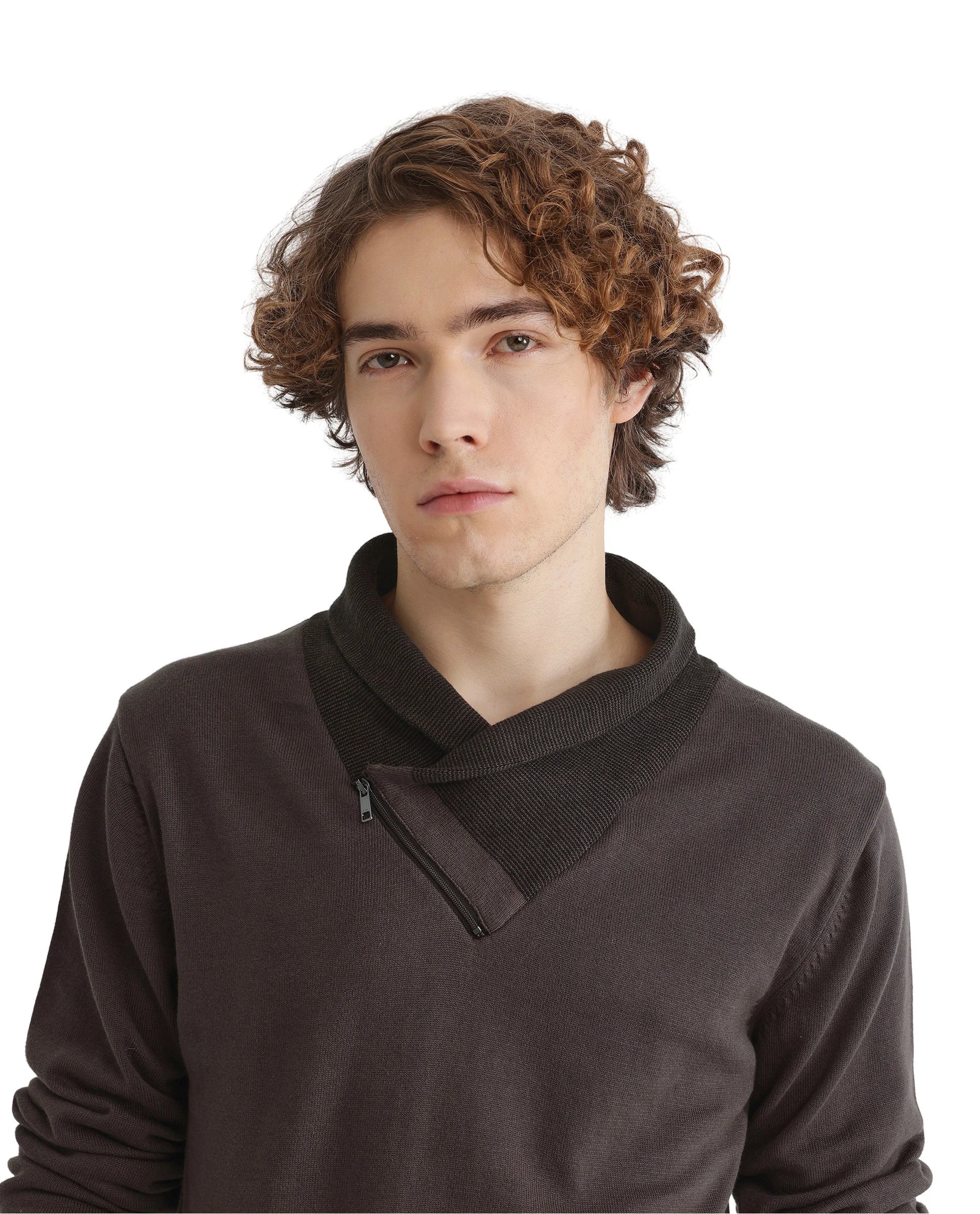 Rare Rabbit Men's Lyzo Brown Full Sleeve Contrasting Cowl Neck Regular Fit Plain Sweater