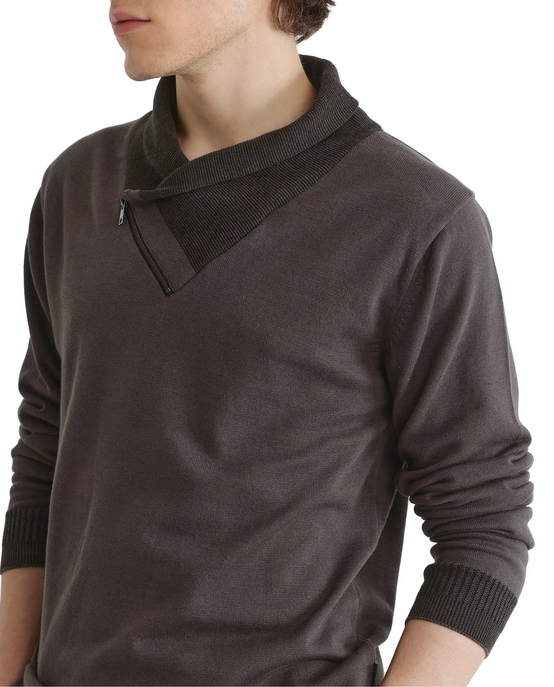 Rare Rabbit Men's Lyzo Brown Full Sleeve Contrasting Cowl Neck Regular Fit Plain Sweater