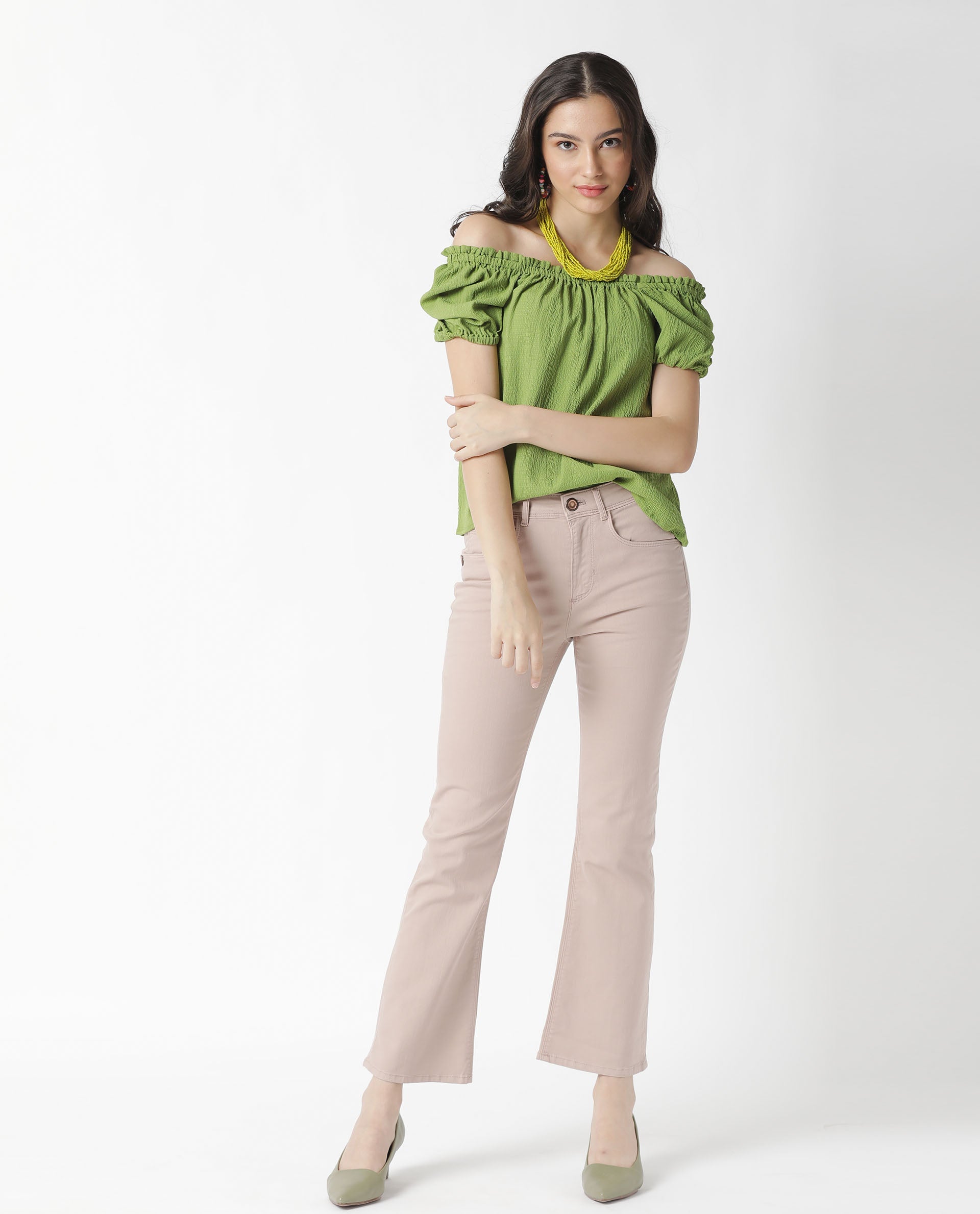 Rareism Women Swag Green Cotton Lycra Fabric Tailored Fit Square Neck Half Sleeves Solid Top