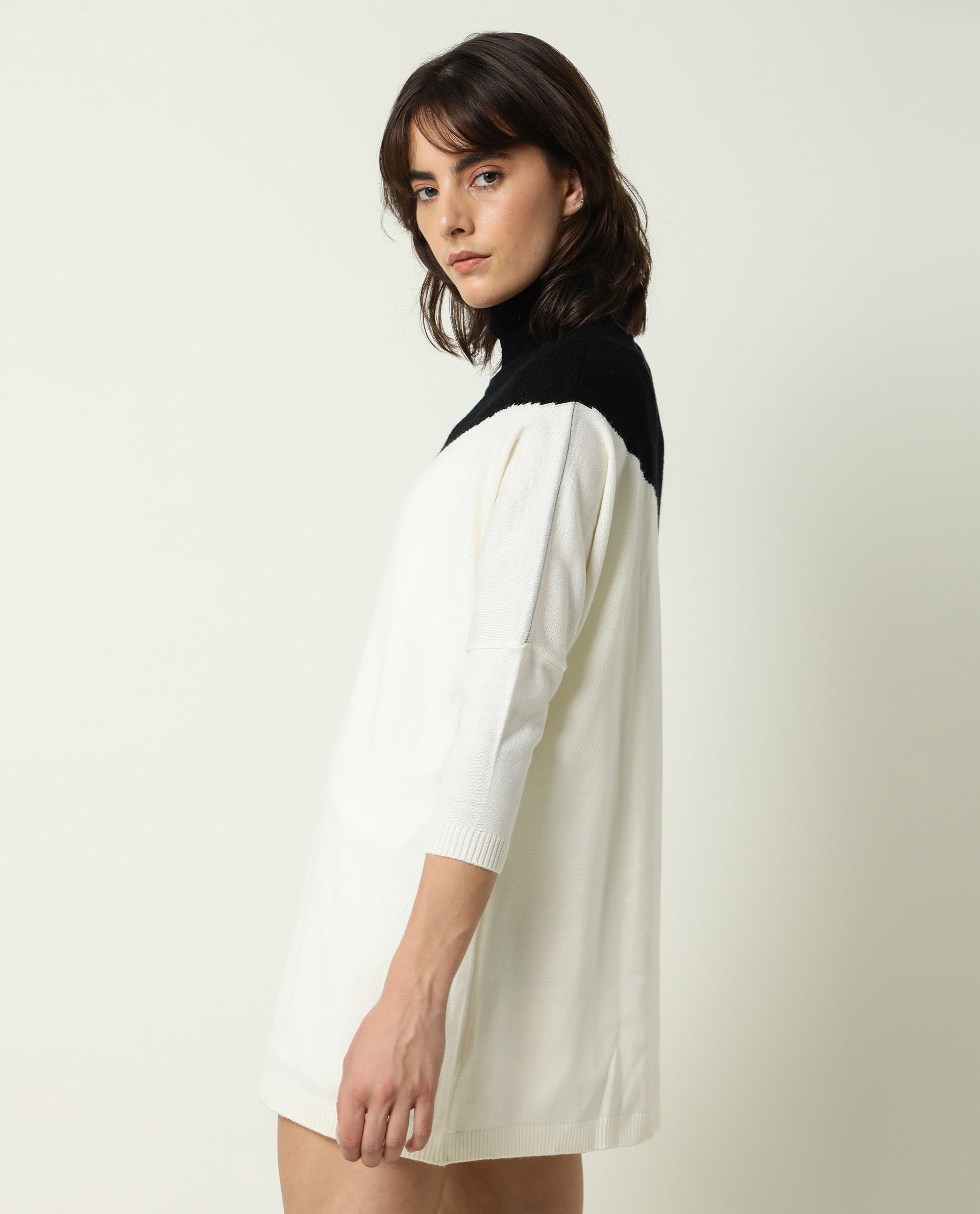 Rareism Women Spaton Black Acrylic Fabric Full Sleeves Knee Length Regular Fit Color Blocked High Neck Sweater