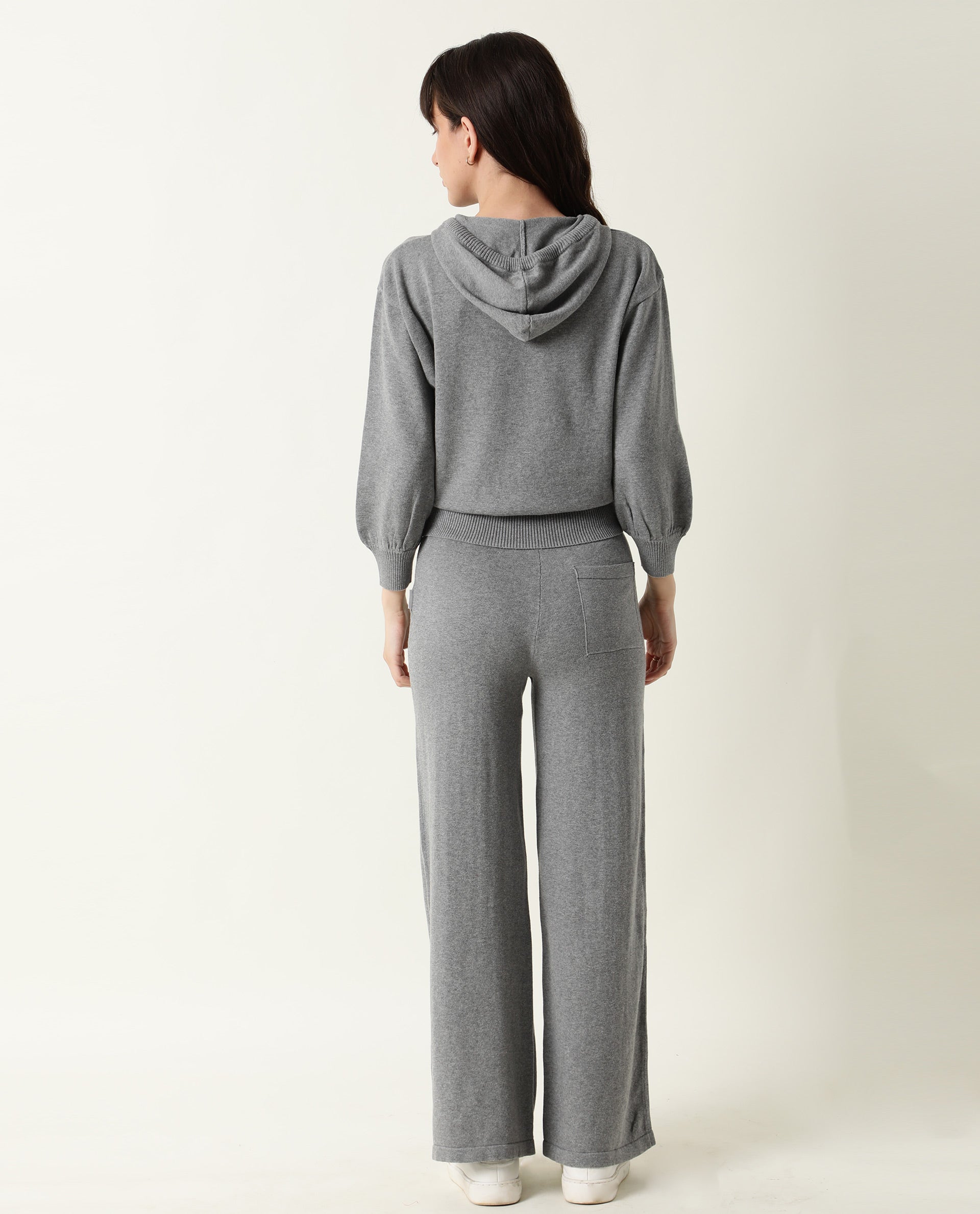 Rareism Women Finn Melange Grey Cotton Fabric Relaxed Fit Full Sleeves Solid Knee Length Hooded Track Suit