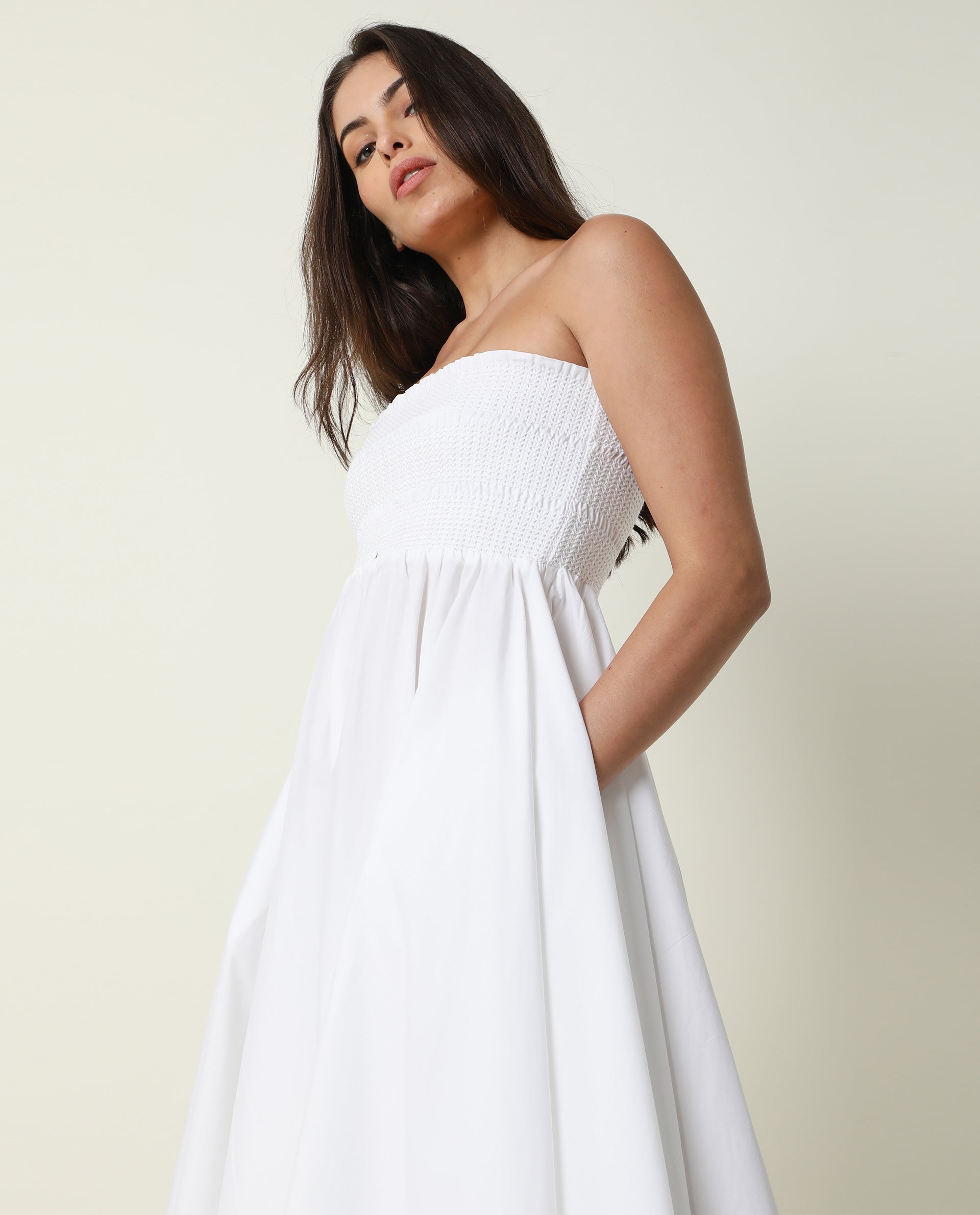 Rareism Womens Nola White Dress Cotton Lycra Fabric Regular Fit Sleeveless Tube Neck