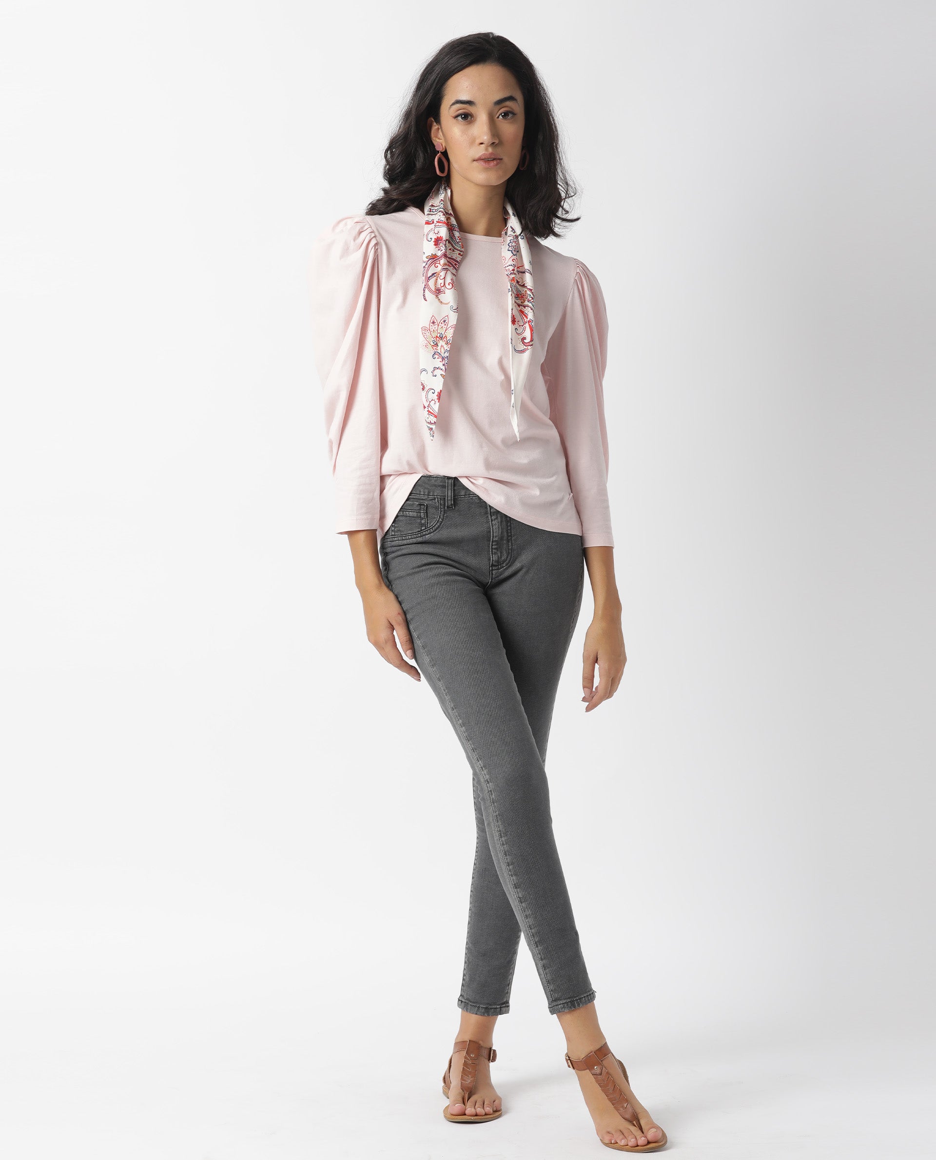 Rareism Womens Ballerina Pink Top Cotton Fabric Regular Fit Puff Sleeves Round Neck