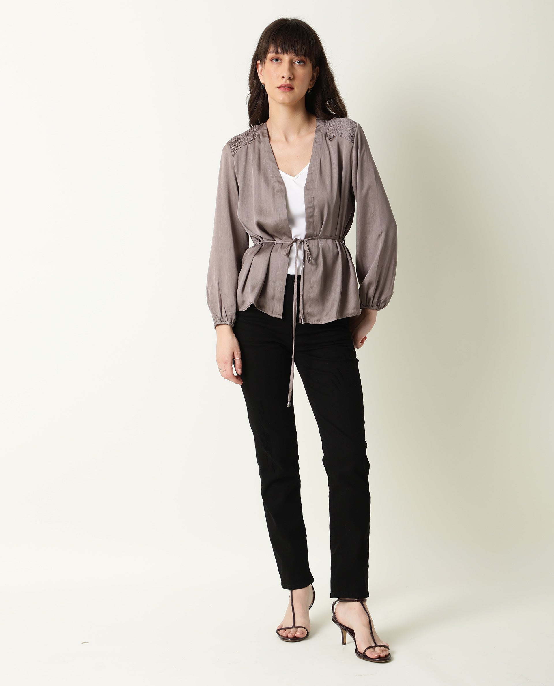 Rareism Womens Hallo Beige Outer Wear Polyester Fabric Relaxed Fit Balloon Sleeve