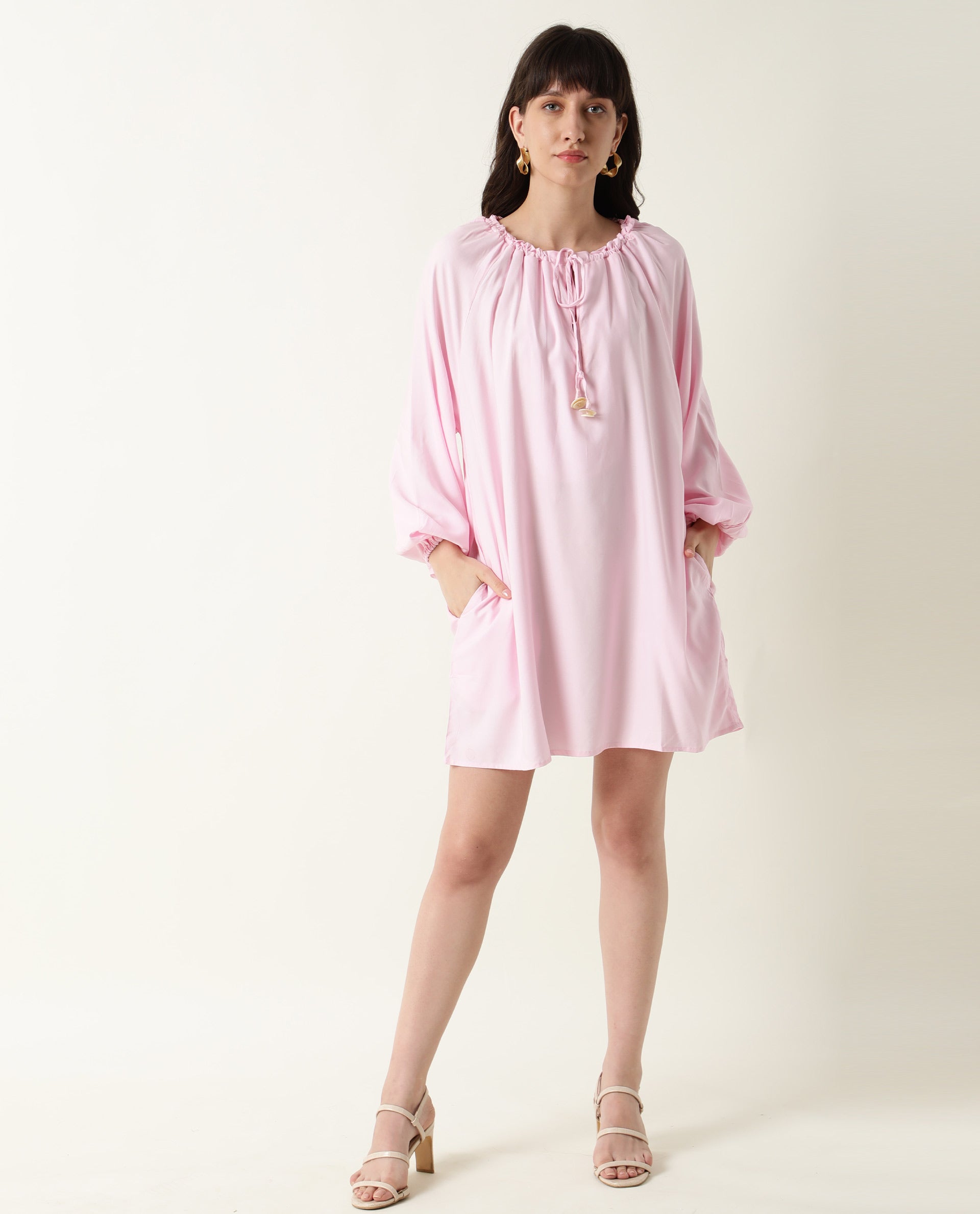 Rareism Women Mason Pink Viscose Fabric Full Sleeves Tie-Up Neck Solid Short Dress
