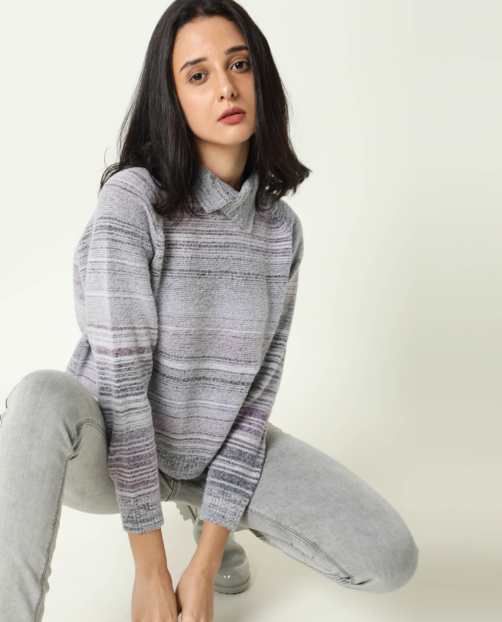 Rareism Women Rosalva Melange Grey Nylon Fabric Full Sleeves Knee Length Regular Fit Ombre High Neck Sweater